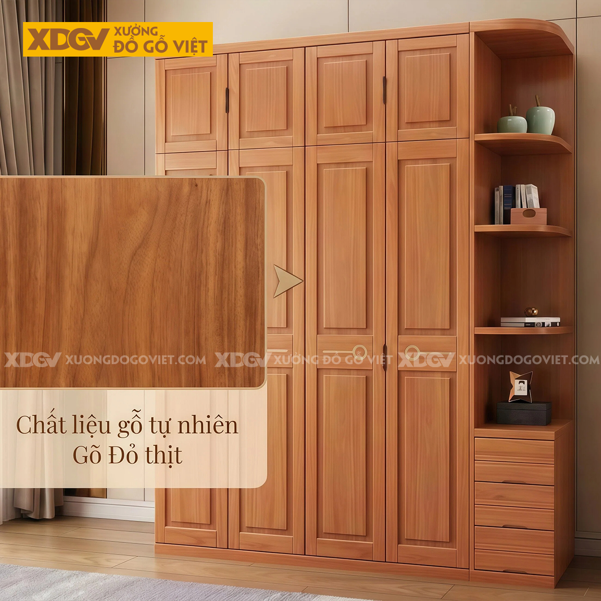 Tủ Quần Áo Phòng Ngủ Gỗ Gõ Đỏ Tay Nắm Âm Độc Đáo Khung Pano