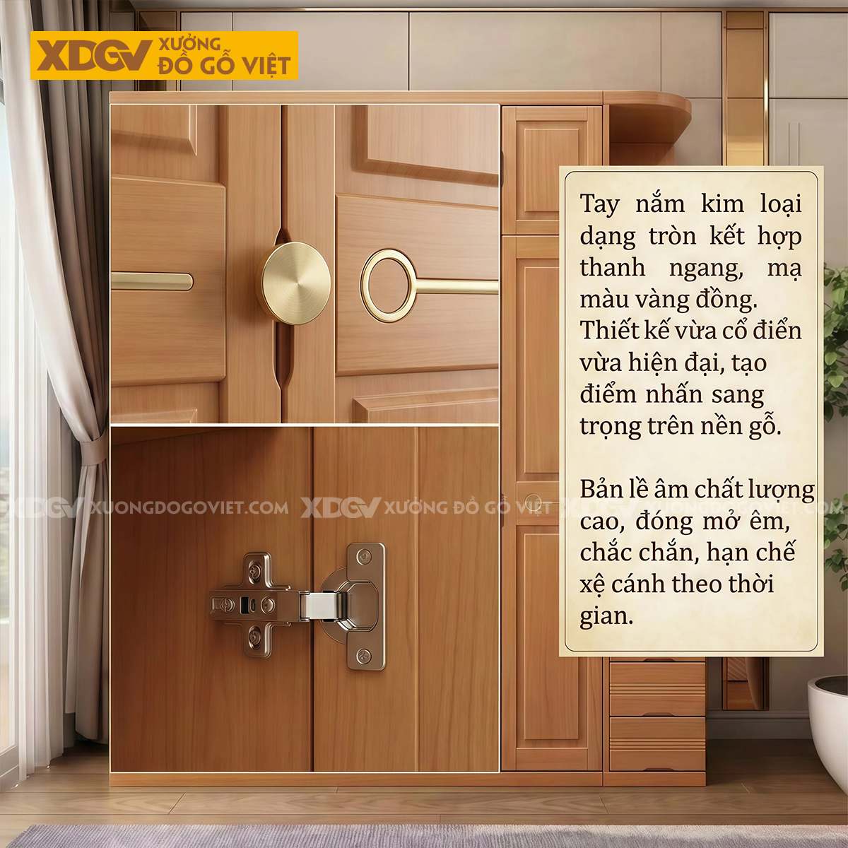 Tủ Quần Áo Phòng Ngủ Gỗ Gõ Đỏ Tay Nắm Âm Độc Đáo Khung Pano