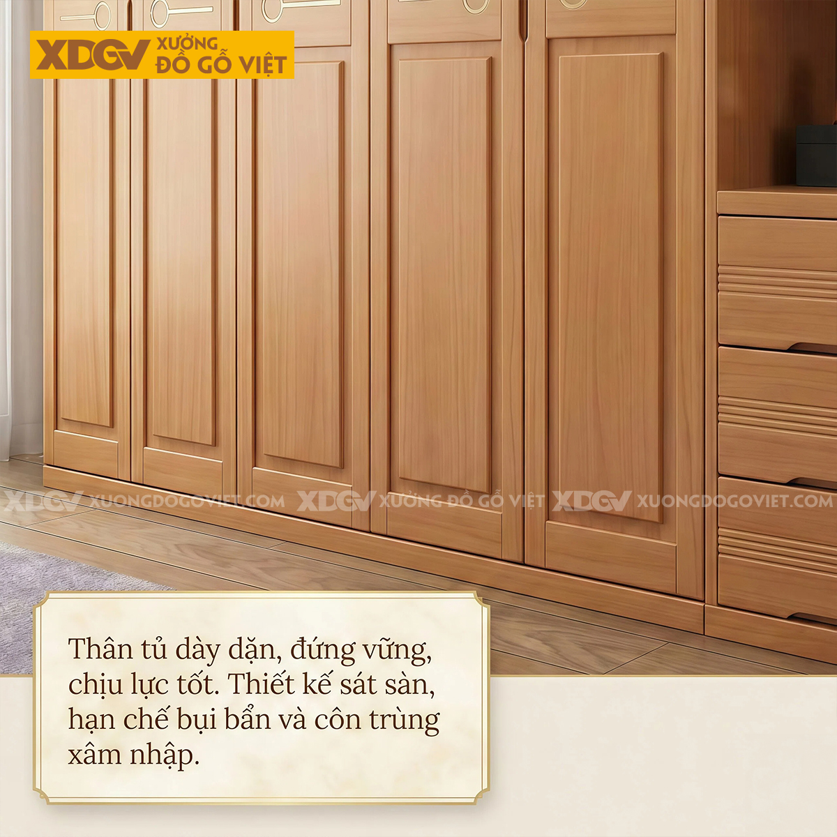 Tủ Quần Áo Phòng Ngủ Gỗ Gõ Đỏ Tay Nắm Âm Độc Đáo Khung Pano