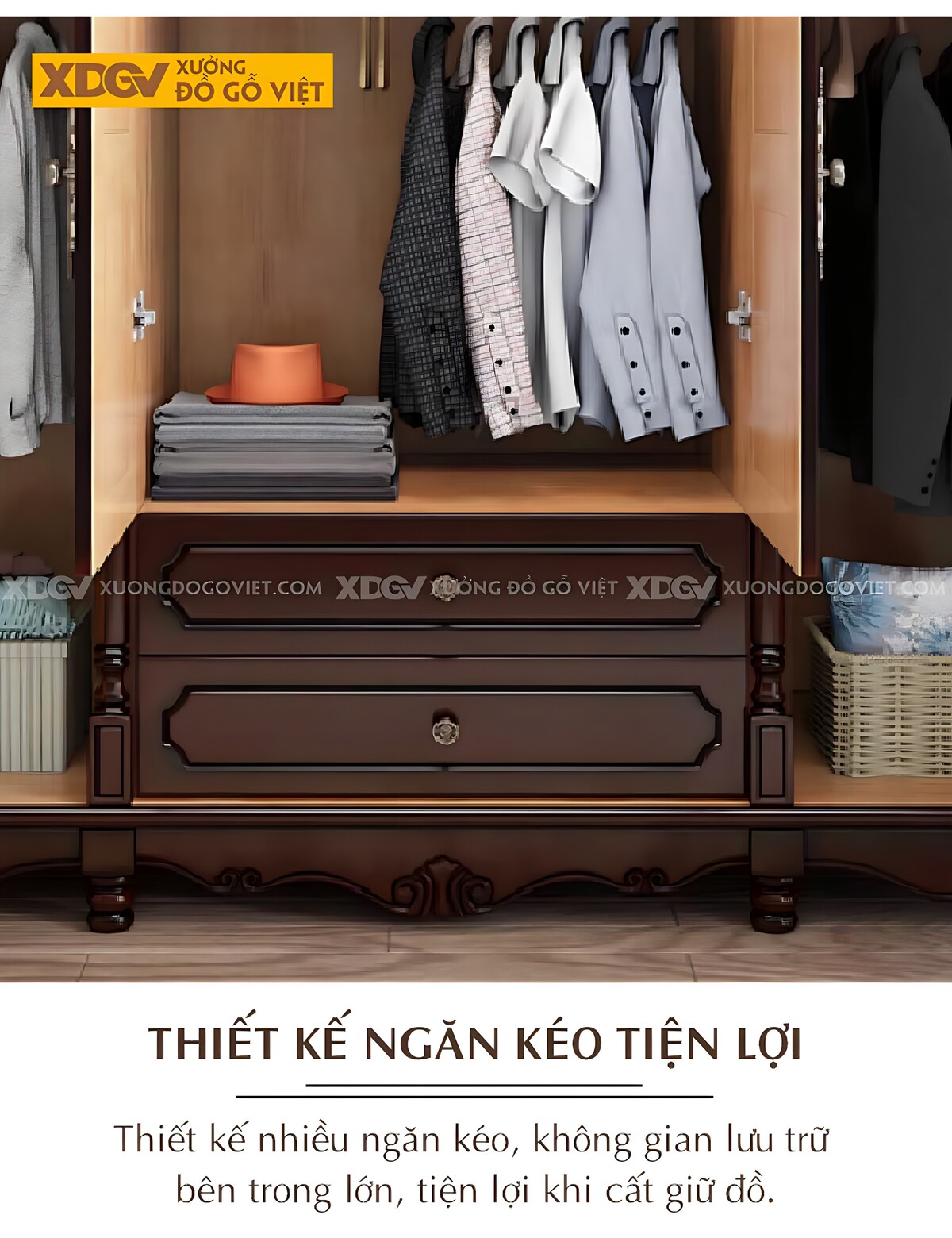 Tủ Quần Áo Veneer Xoan Đào Cổ Điển 4 Cánh 8 Chân Trụ Tiện