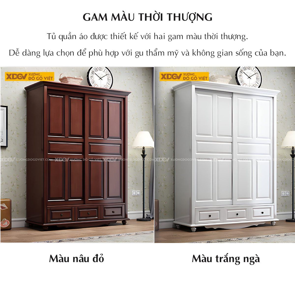 Tủ Quần Áo Xoan Tân Cổ Điển 2 Cánh Cửa Lùa Có Ngăn Kéo Dưới