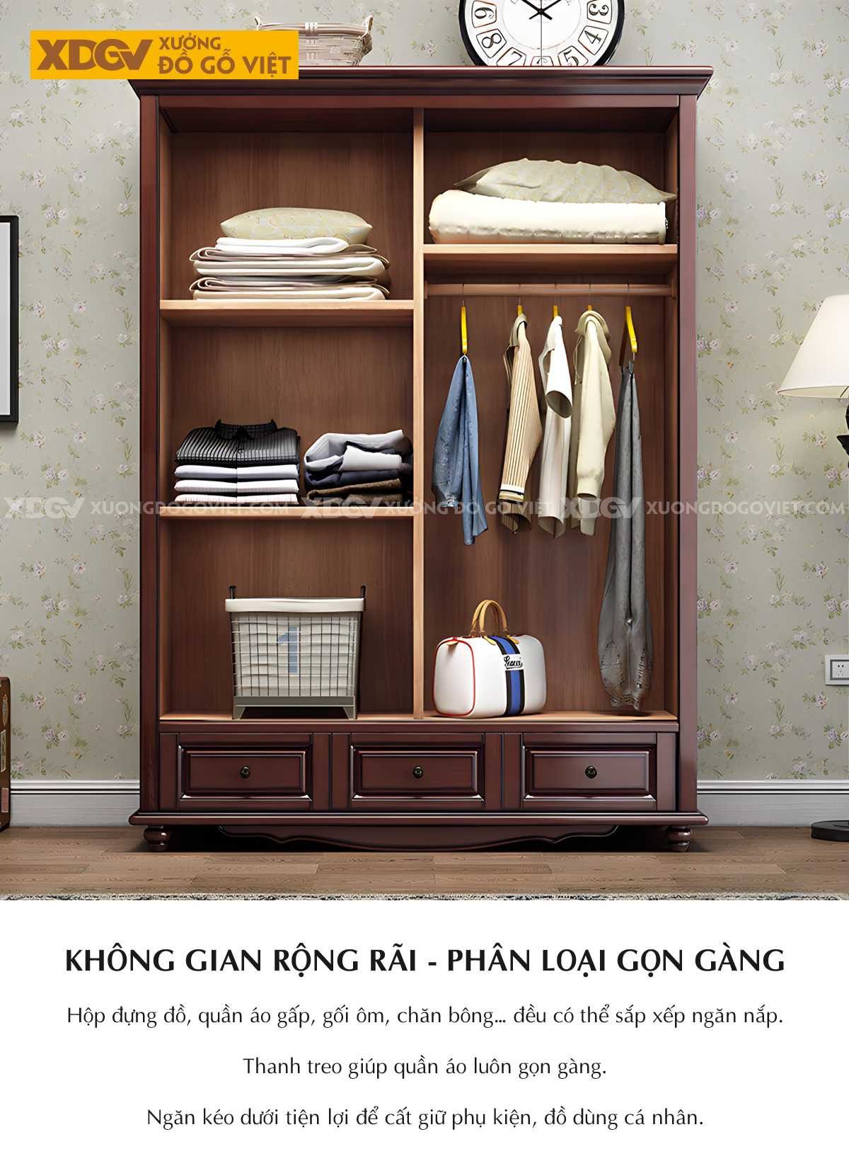 Tủ Quần Áo Xoan Tân Cổ Điển 2 Cánh Cửa Lùa Có Ngăn Kéo Dưới