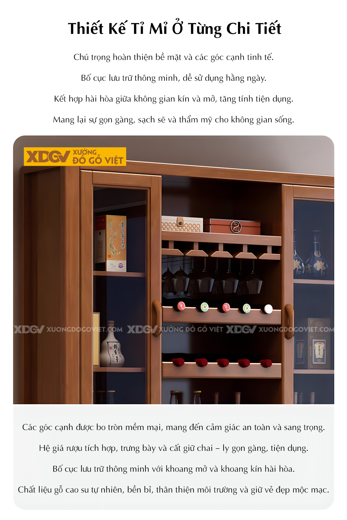 Tủ Rượu Cao Su Hiện Đại Cánh Kính Đối Xứng Kèm Giá Treo Ly