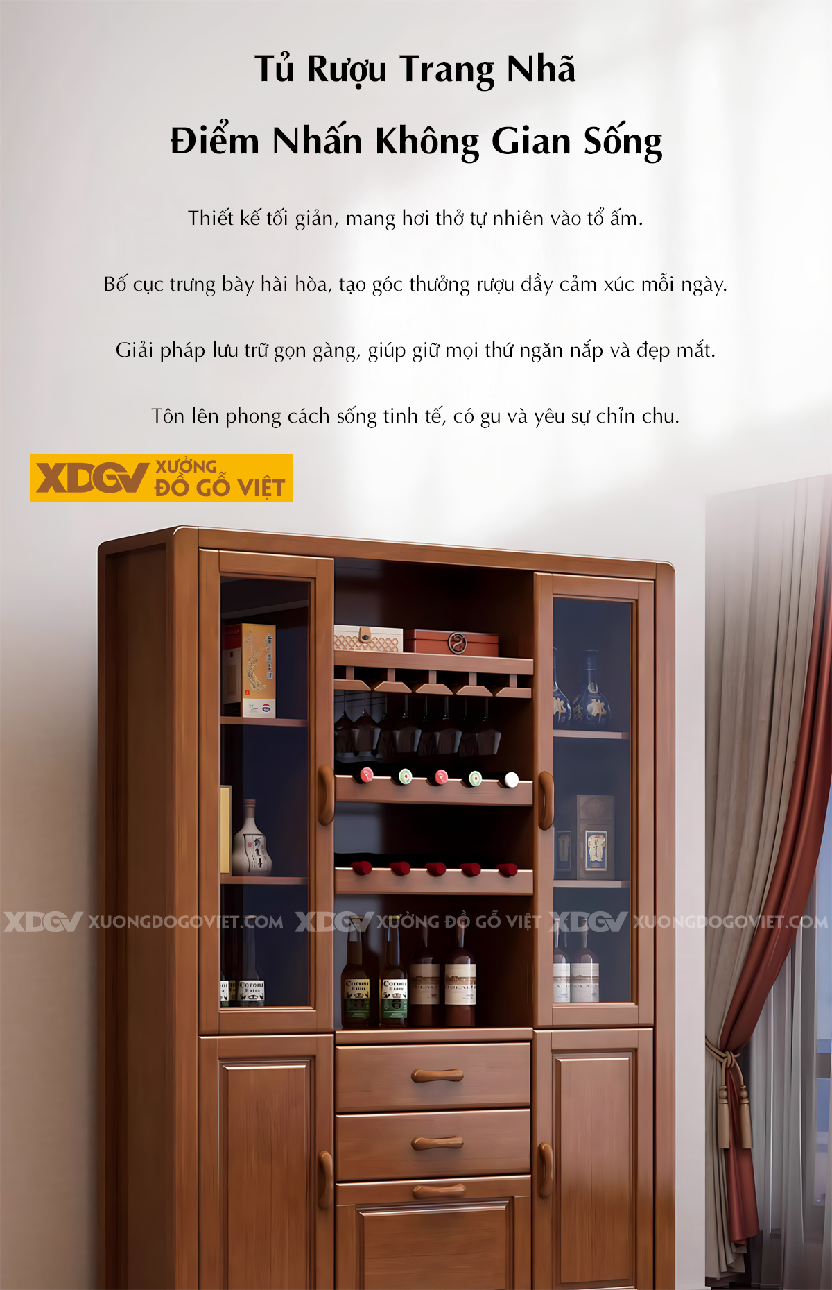 Tủ Rượu Cao Su Hiện Đại Cánh Kính Đối Xứng Kèm Giá Treo Ly