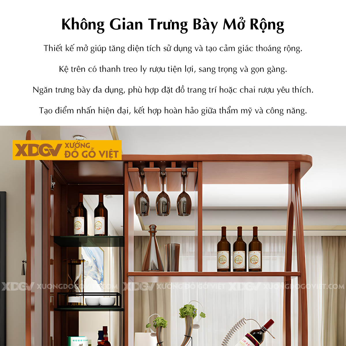 Tủ Rượu Gỗ Cao Su Hiện Đại Thiết Kế Giá Treo Ly Sang Trọng