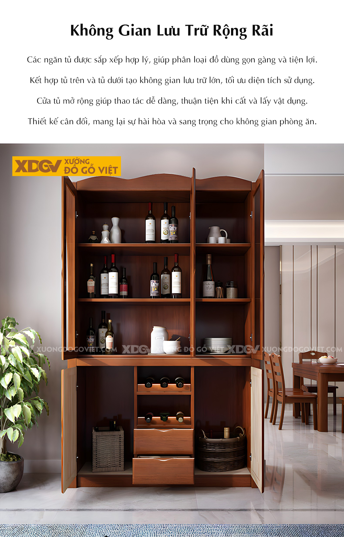 Tủ Rượu Gỗ Cao Su Hiện Đại Thiết Kế Giá Treo Ly Sang Trọng