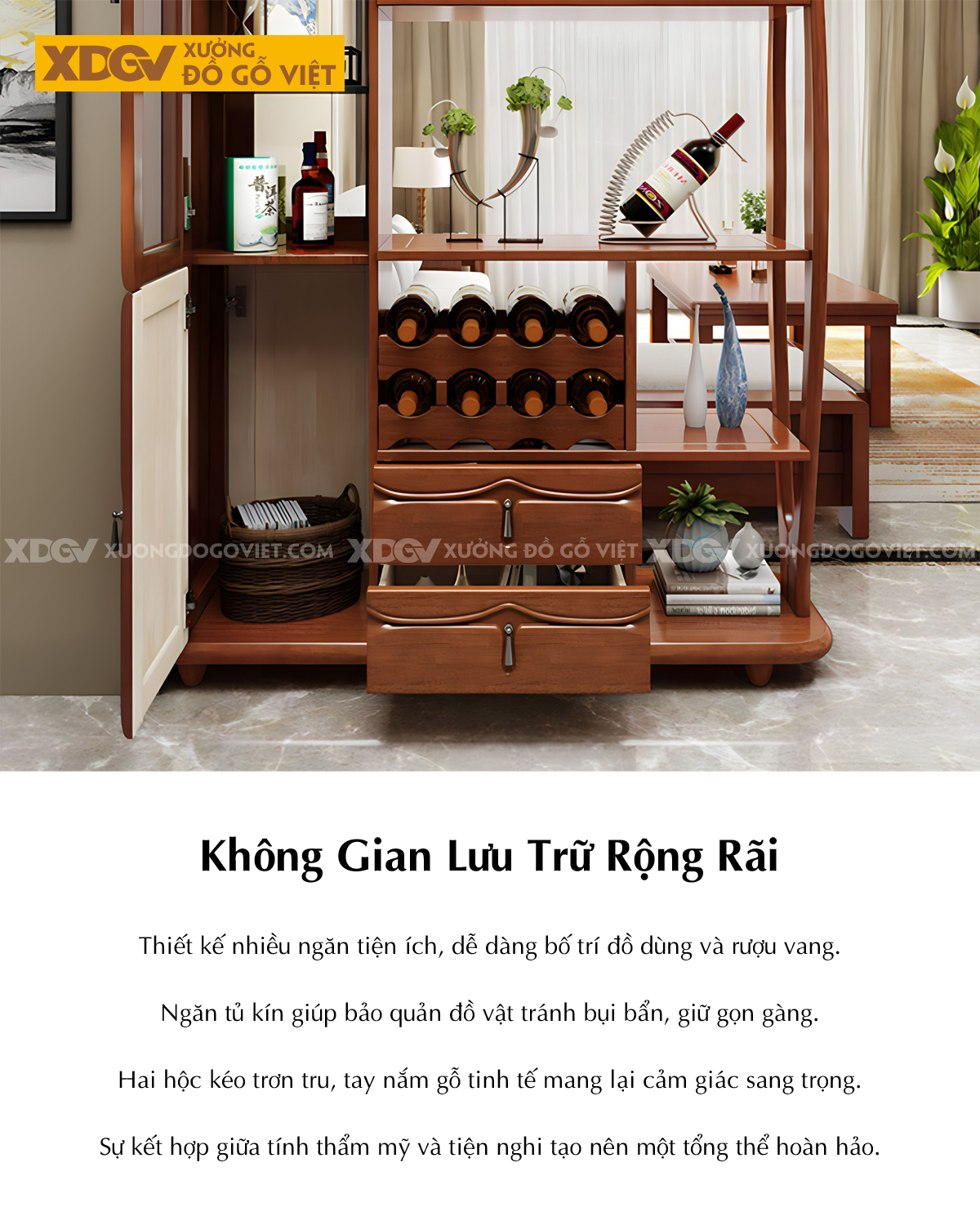 Tủ Rượu Gỗ Cao Su Hiện Đại Thiết Kế Giá Treo Ly Sang Trọng