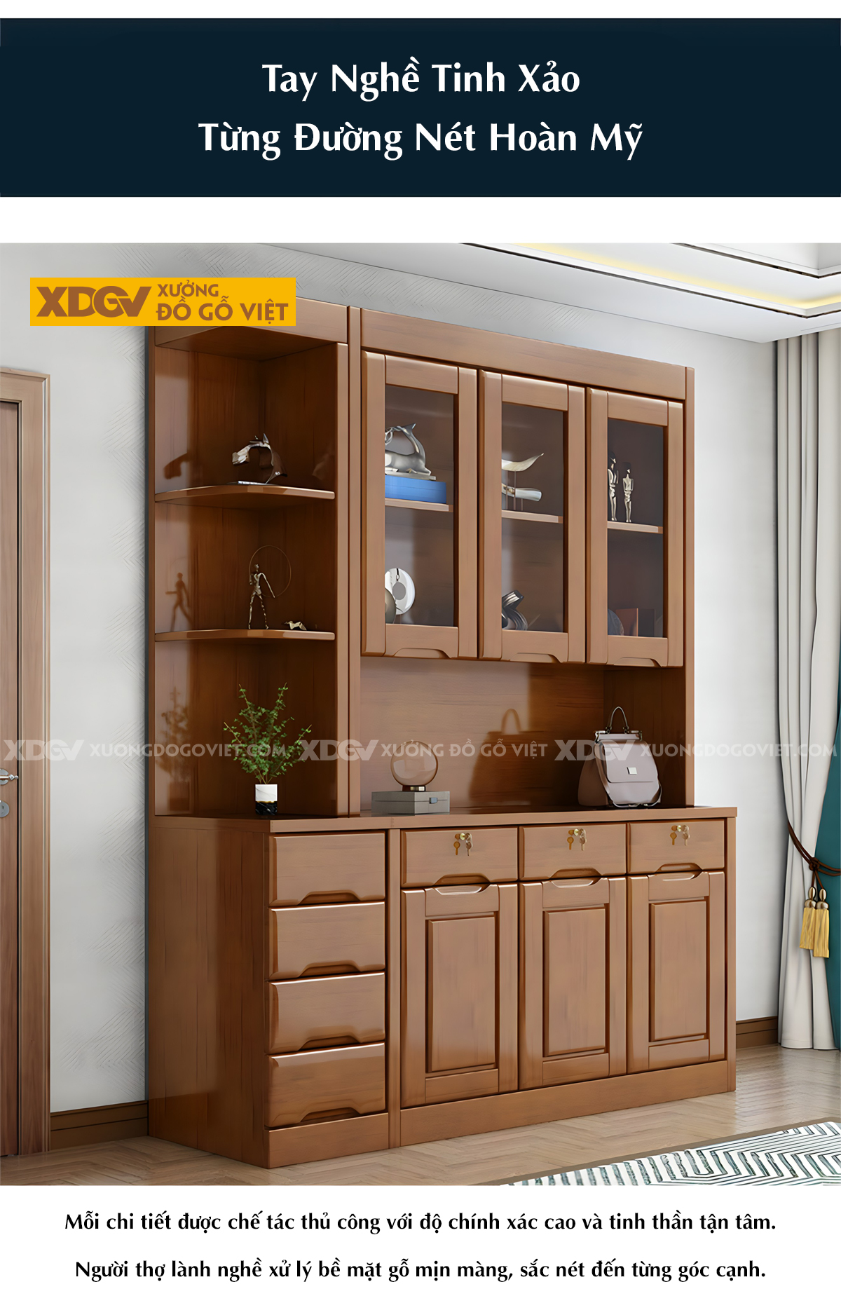 Tủ Rượu Gỗ Cao Su Kệ Hở Kính Đa Cánh Phối Ngăn Kéo Lưu Trữ