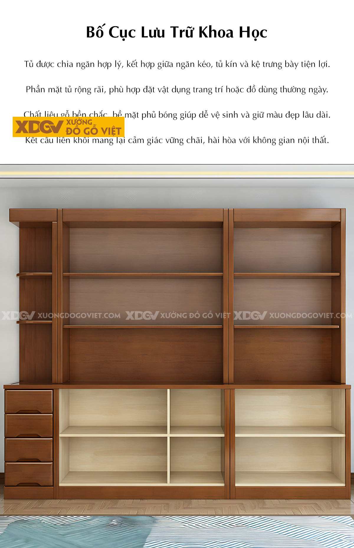 Tủ Rượu Gỗ Cao Su Kệ Hở Kính Đa Cánh Phối Ngăn Kéo Lưu Trữ