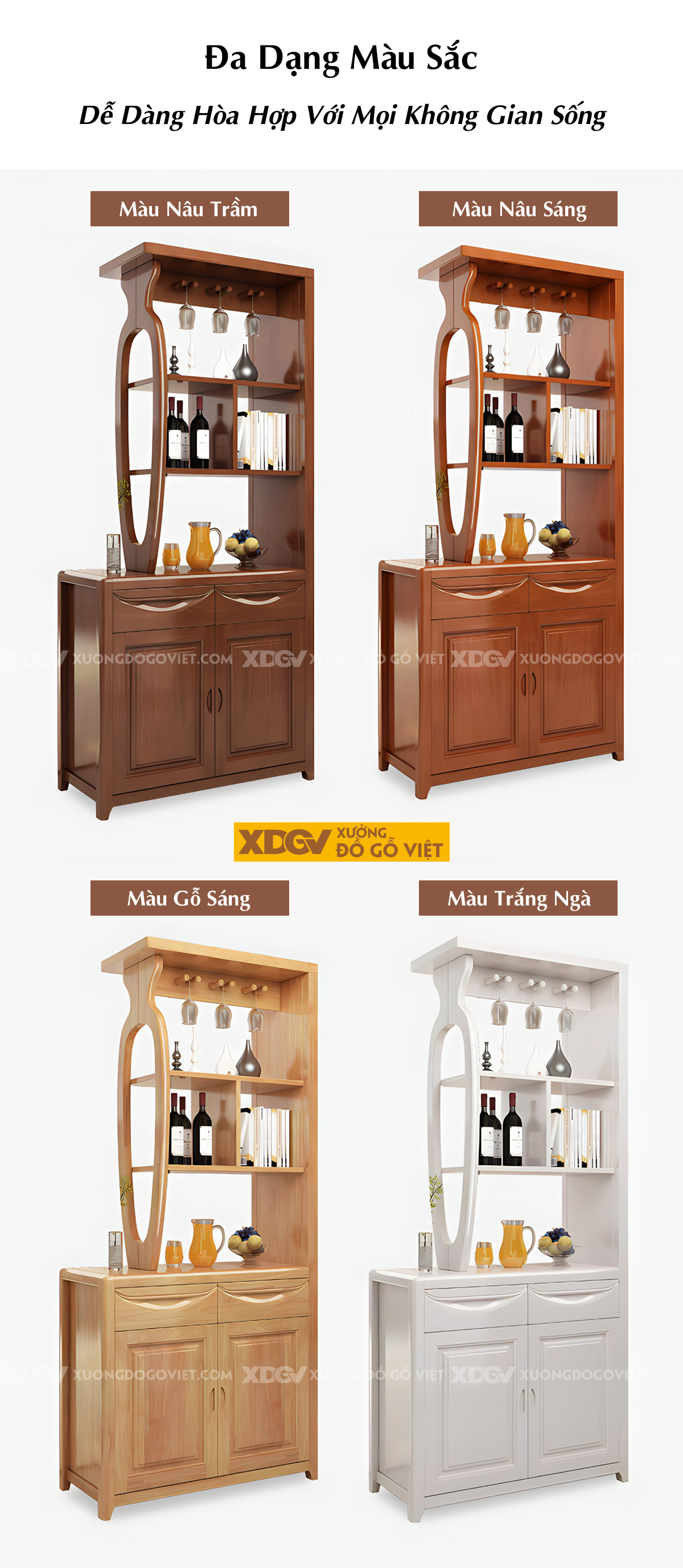Tủ Rượu Gỗ Cao Su Phòng Khách Hiện Đại Kết Hợp Tủ Kính 2 Bên