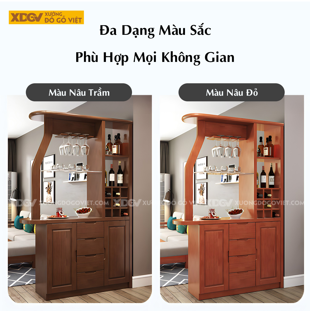 Tủ Rượu Gỗ Cao Su Phòng Khách Kiểu Vách Ngăn Kết Hợp Tủ Kệ