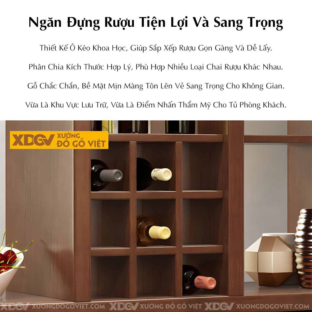 Tủ Rượu Gỗ Cao Su Phòng Khách Kiểu Vách Ngăn Kết Hợp Tủ Kệ
