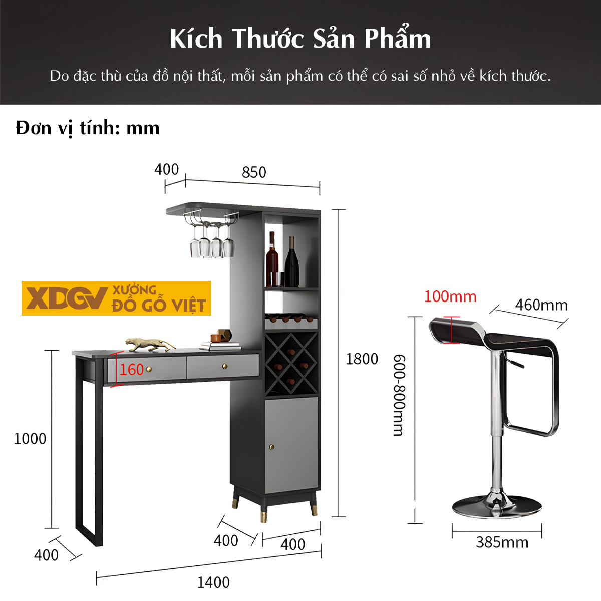Tủ Rượu Gỗ MDF Hiện Đại Đi Kèm Bàn Bar Kệ Treo Ly Sang Trọng