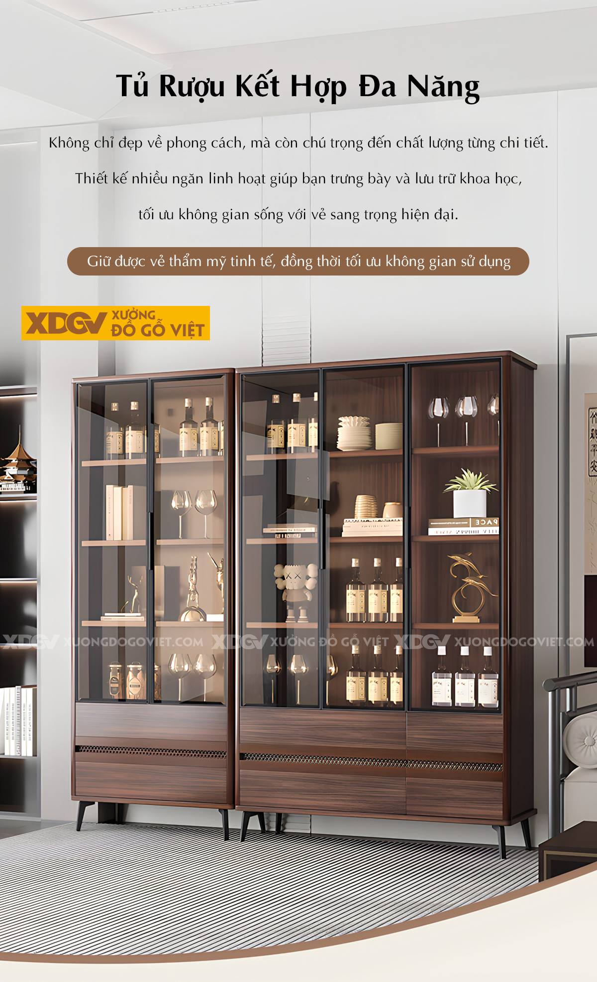 Tủ Rượu Gỗ Sồi Hiện Đại Bo Góc Mềm Mại Phối Kính Sang Trọng