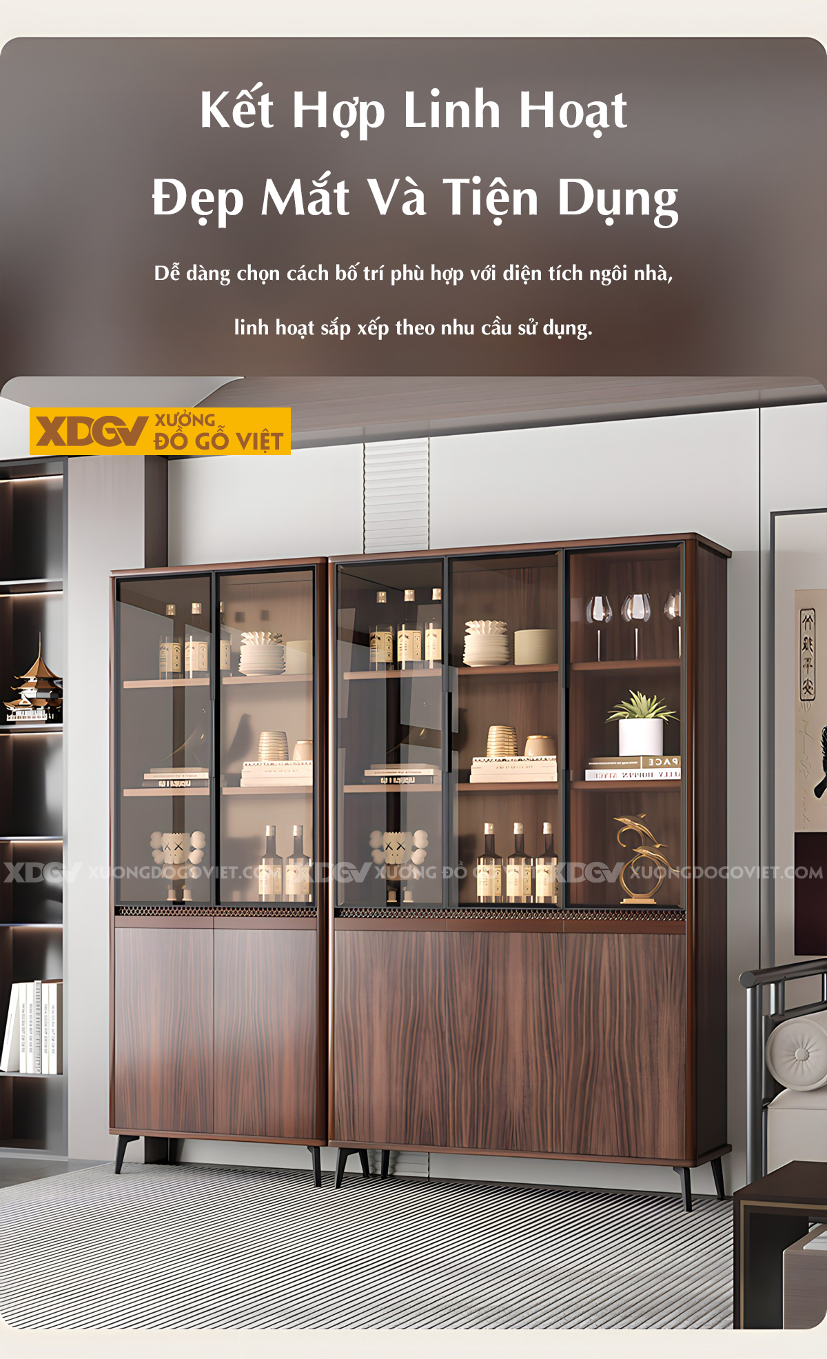 Tủ Rượu Gỗ Sồi Hiện Đại Bo Góc Mềm Mại Phối Kính Sang Trọng