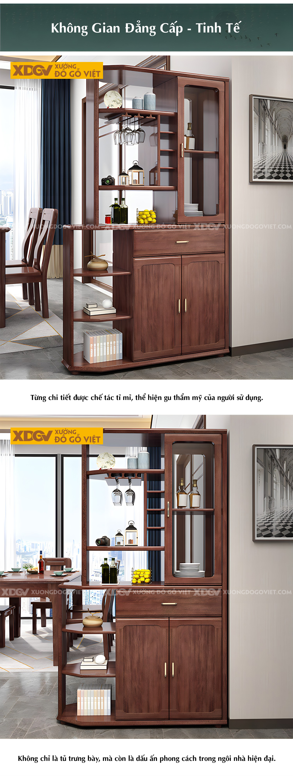 Tủ Rượu Gỗ Sồi Tủ Kệ Ngăn Phòng Bo Góc Trưng Bày Phối Kính