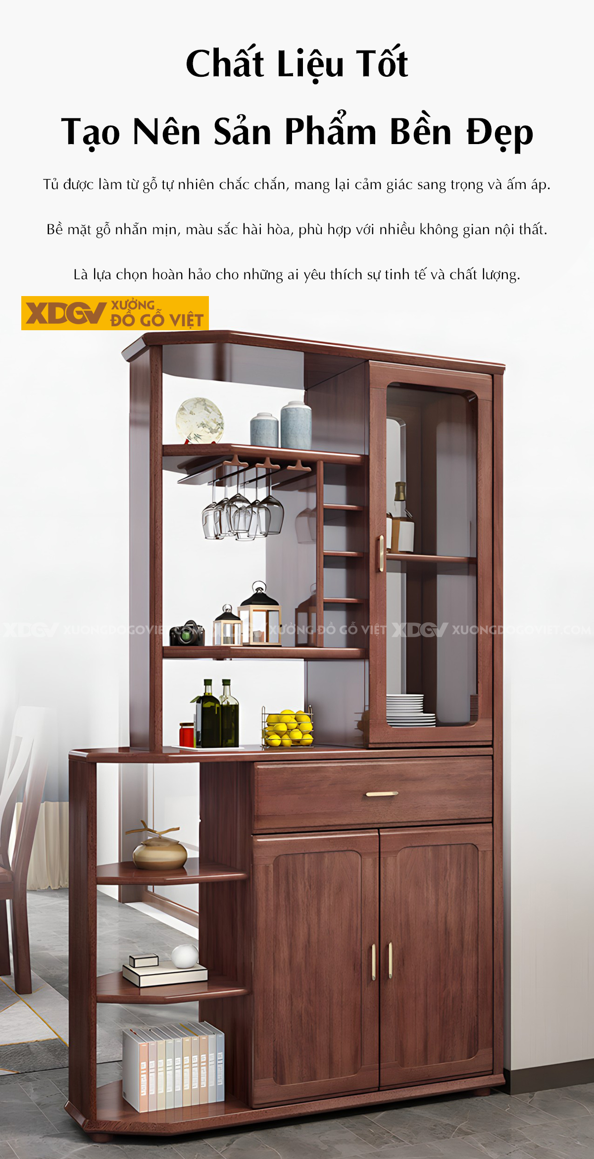 Tủ Rượu Gỗ Sồi Tủ Kệ Ngăn Phòng Bo Góc Trưng Bày Phối Kính