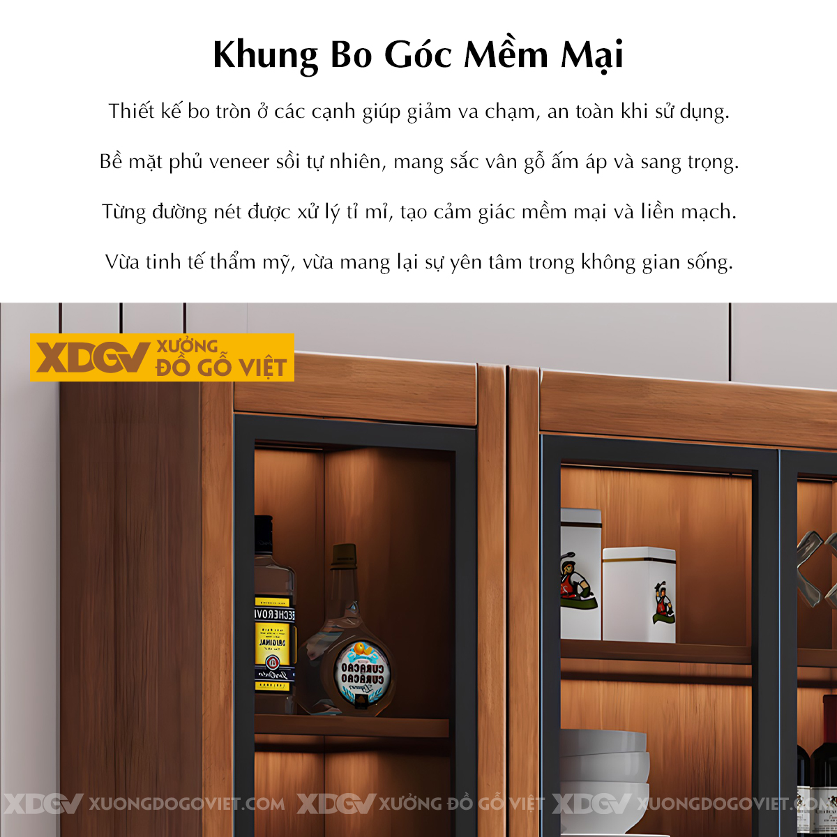 Tủ Rượu Phòng Khách Gỗ Sồi Đa Tầng Cánh Kính Lưu Trữ Đa Năng