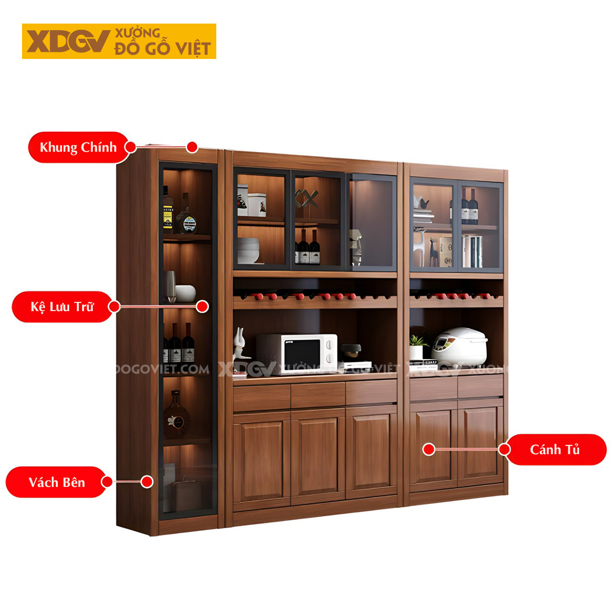 Tủ Rượu Phòng Khách Gỗ Sồi Đa Tầng Cánh Kính Lưu Trữ Đa Năng