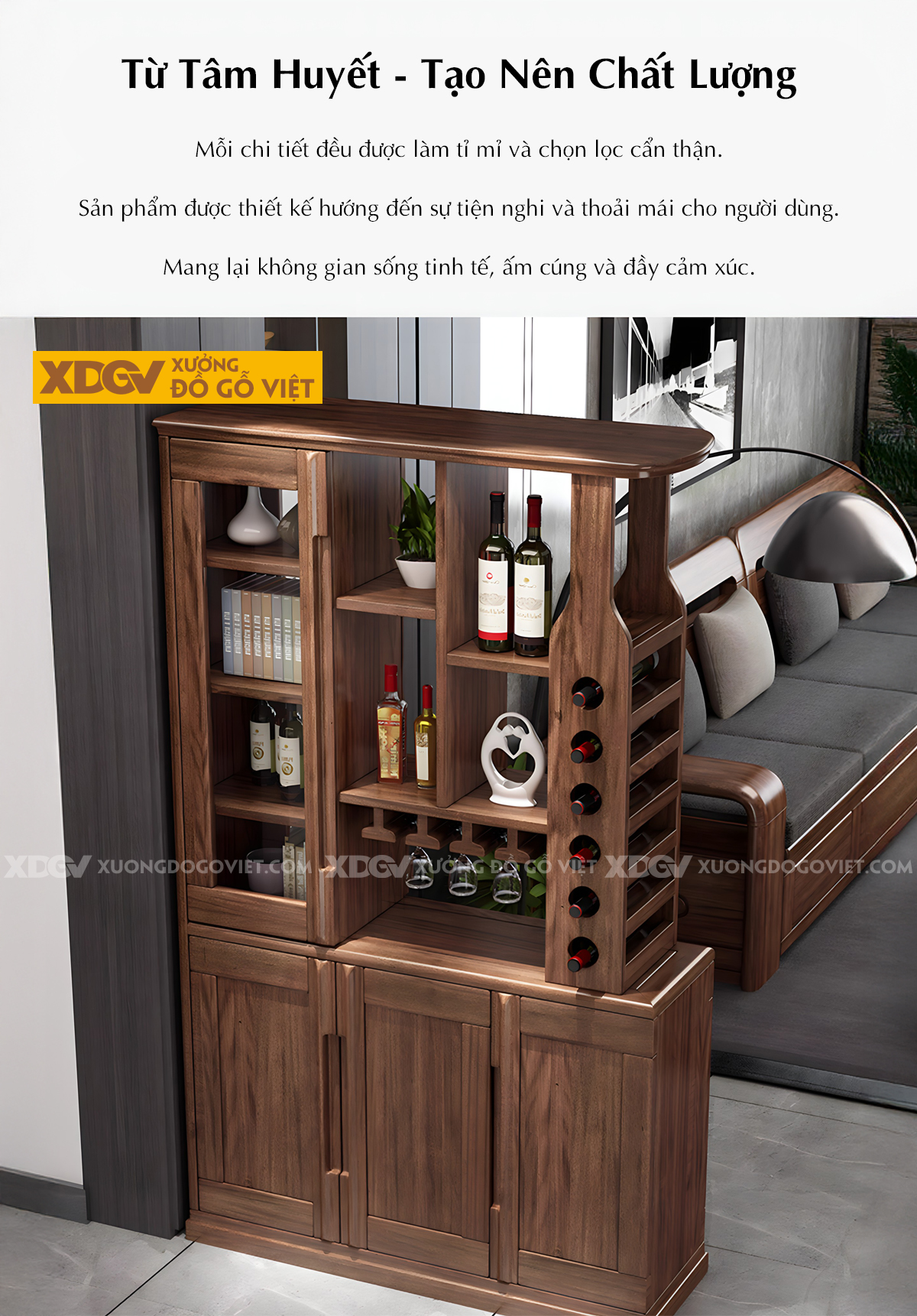 Tủ Rượu Phòng Khách Gỗ Sồi Phối Kệ Tủ Kính Kèm Giá Treo Ly