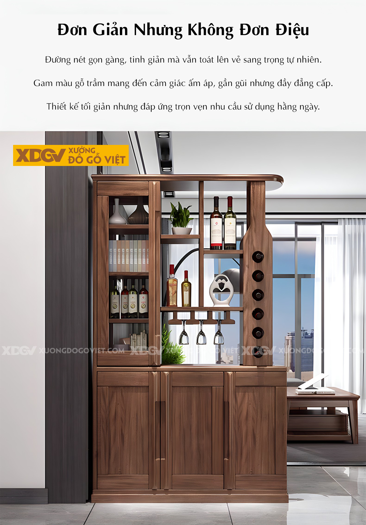 Tủ Rượu Phòng Khách Gỗ Sồi Phối Kệ Tủ Kính Kèm Giá Treo Ly