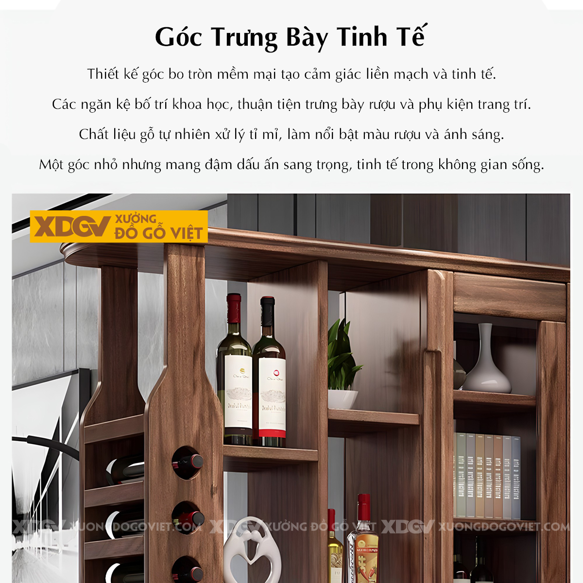 Tủ Rượu Phòng Khách Gỗ Sồi Phối Kệ Tủ Kính Kèm Giá Treo Ly