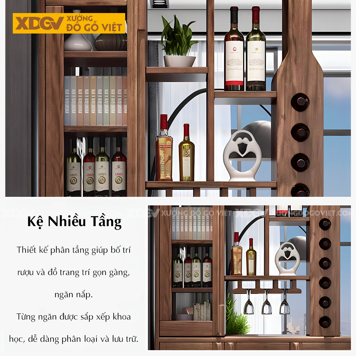 Tủ Rượu Phòng Khách Gỗ Sồi Phối Kệ Tủ Kính Kèm Giá Treo Ly