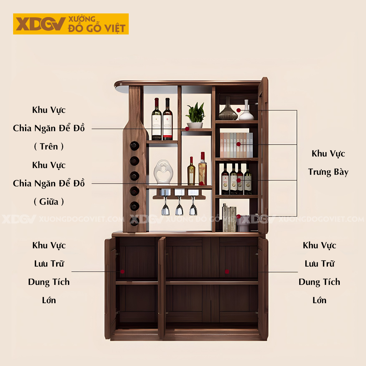 Tủ Rượu Phòng Khách Gỗ Sồi Phối Kệ Tủ Kính Kèm Giá Treo Ly