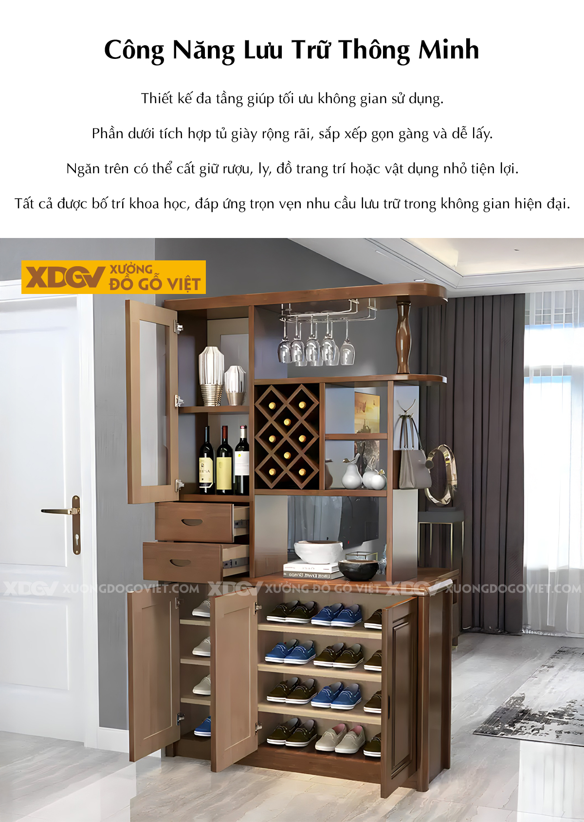 Tủ Rượu Trưng Bày Gỗ Cao Su Phòng Khách Thiết kế Phân Tầng