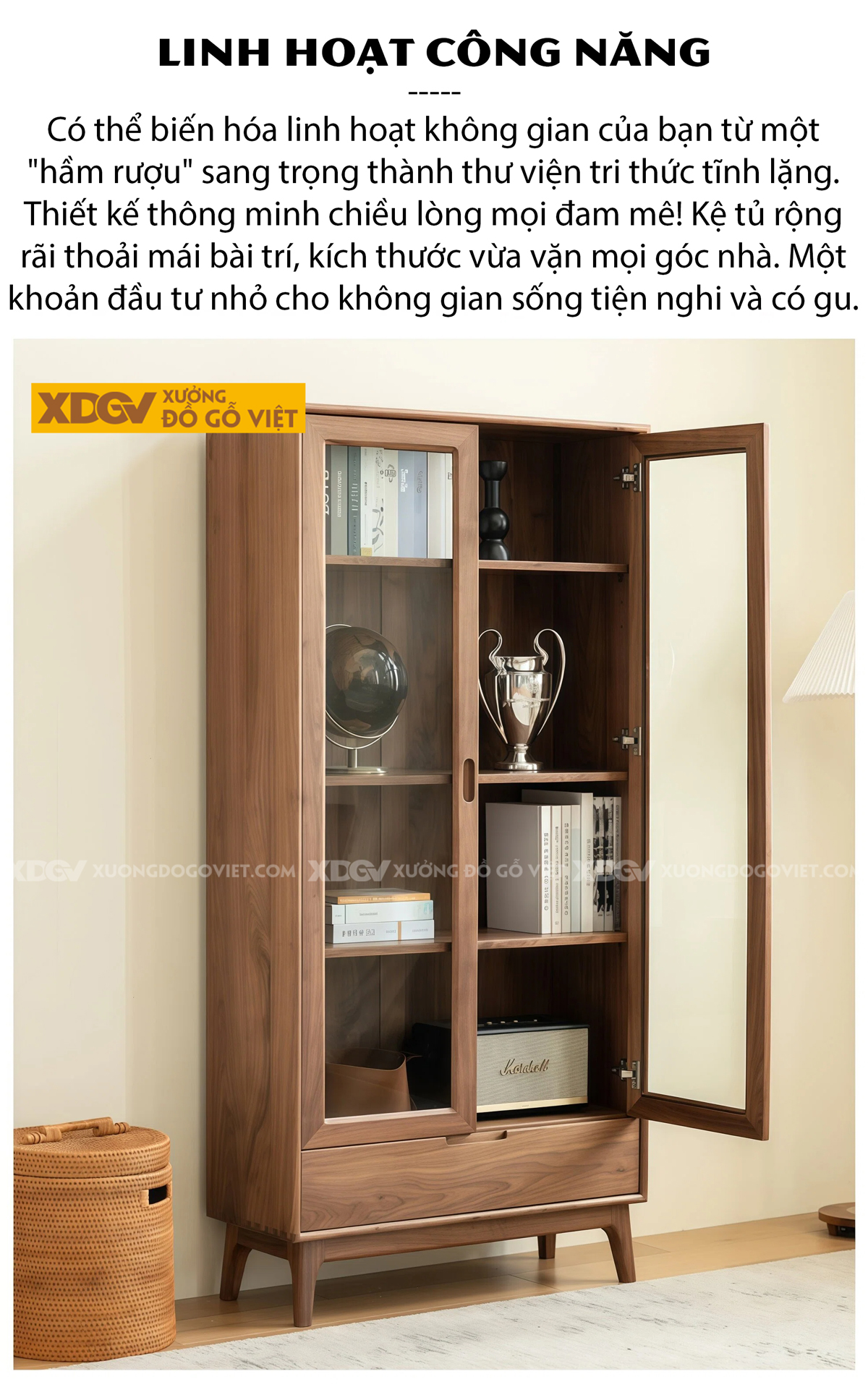 Tủ Sách Bắc Âu Gỗ Óc Chó Phối Đỉnh Vòm Chân Cao Thanh Mảnh