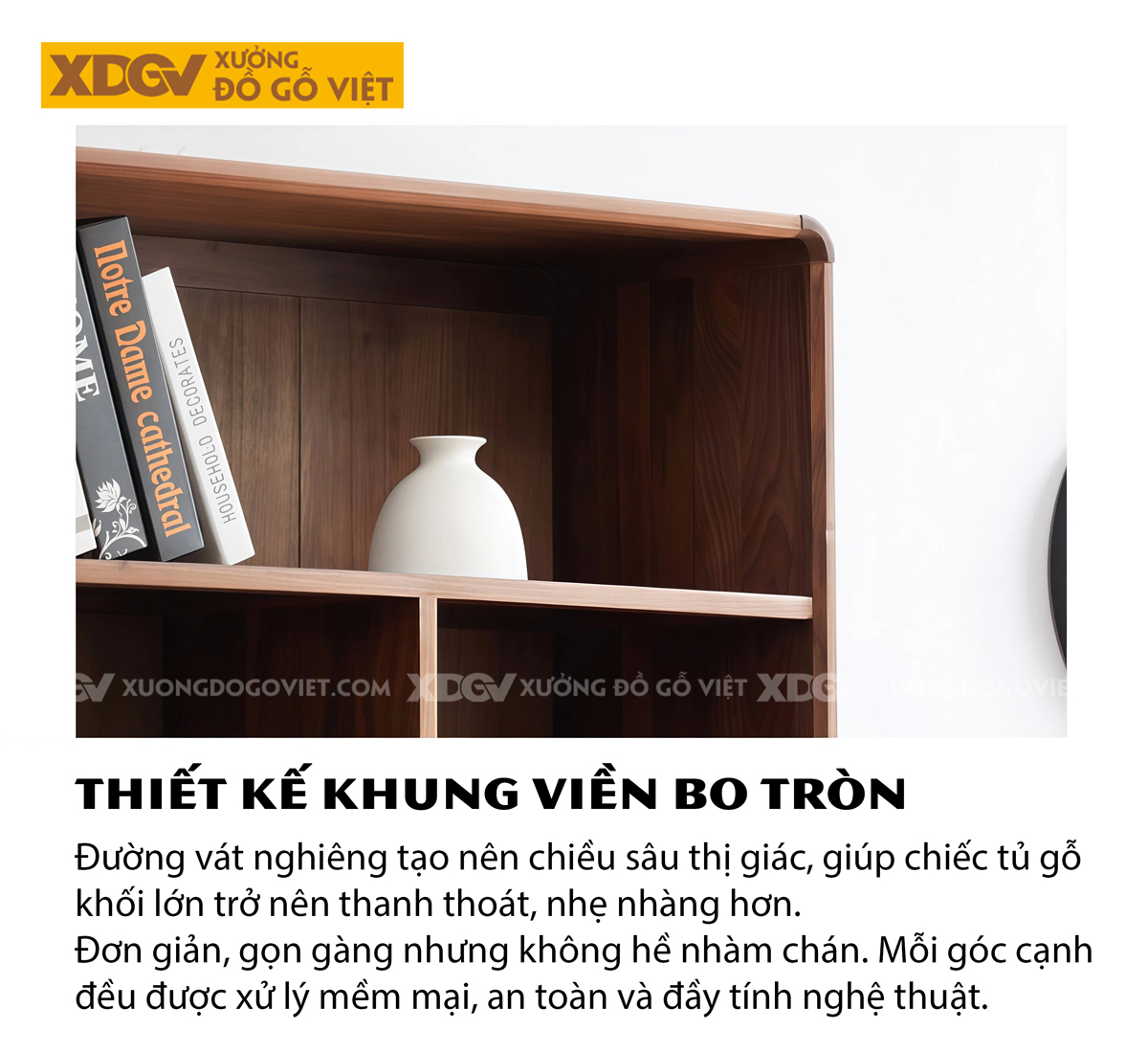 Tủ Sách Gỗ Óc Chó Hình Khối Vuông Vức Phối Chân Côn Bọc Kim