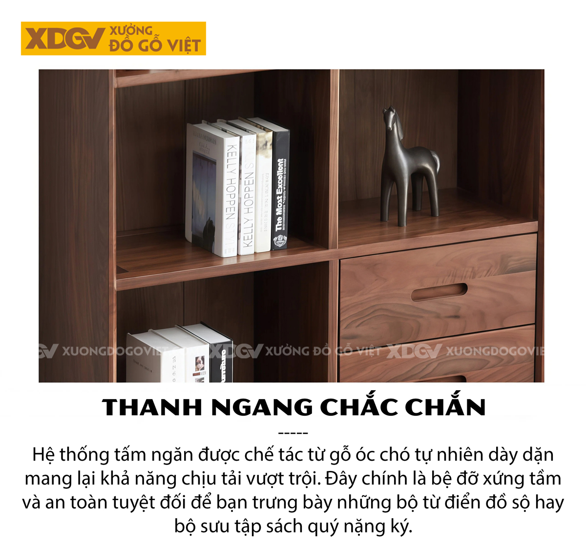 Tủ Sách Gỗ Óc Chó Hình Khối Vuông Vức Phối Chân Côn Bọc Kim
