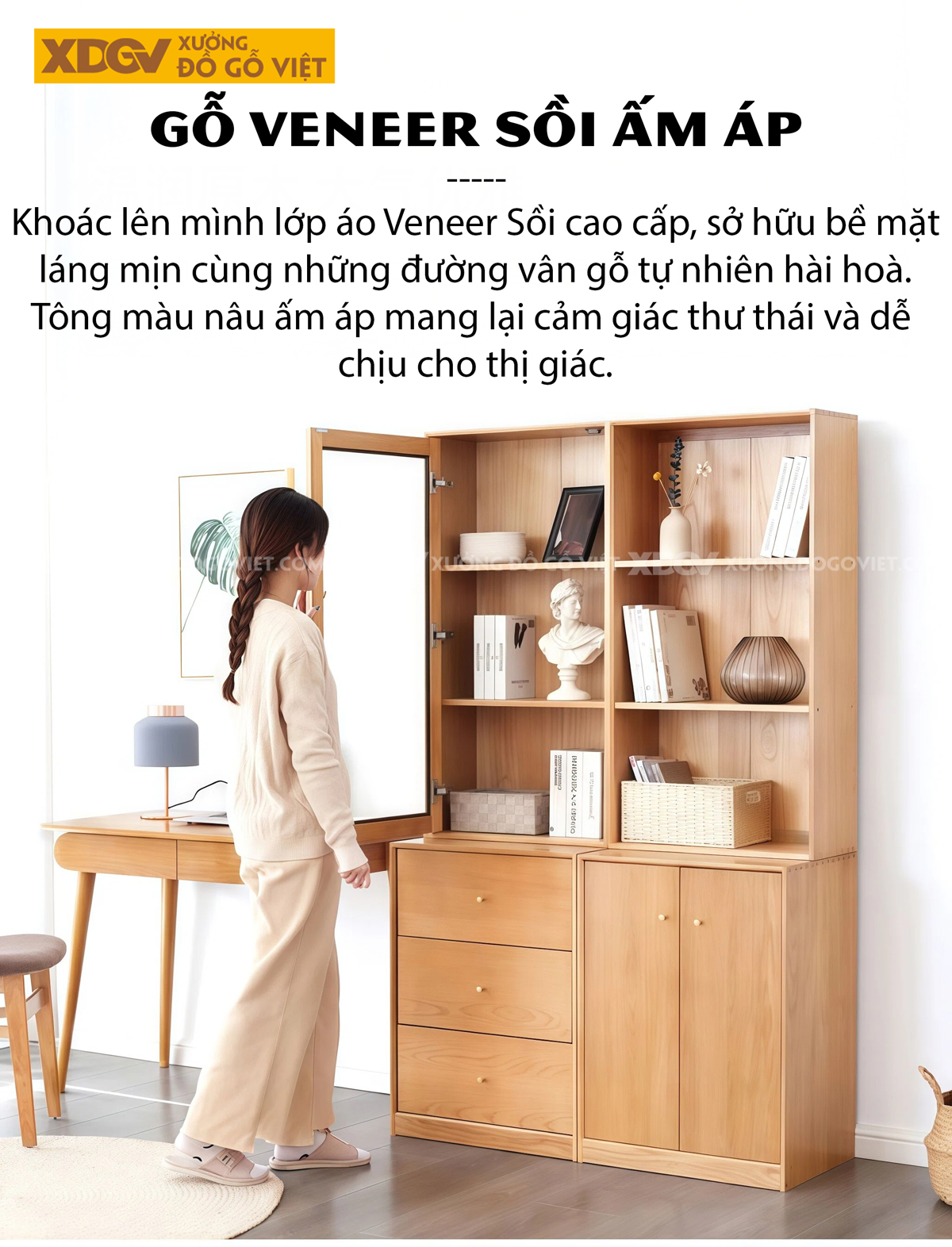 Tủ Sách Gỗ Veneer Sồi Thiết Kế Mở Phân Tầng Bố Cục Độc Đáo