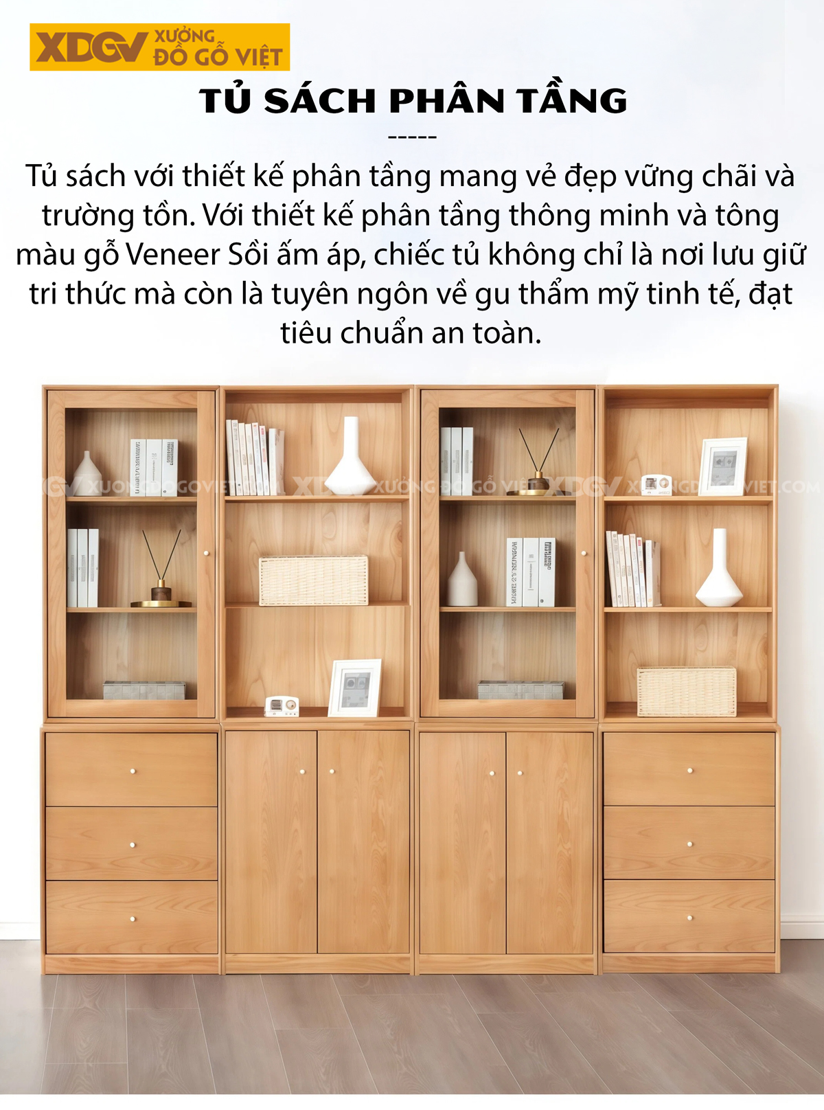 Tủ Sách Gỗ Veneer Sồi Thiết Kế Mở Phân Tầng Bố Cục Độc Đáo