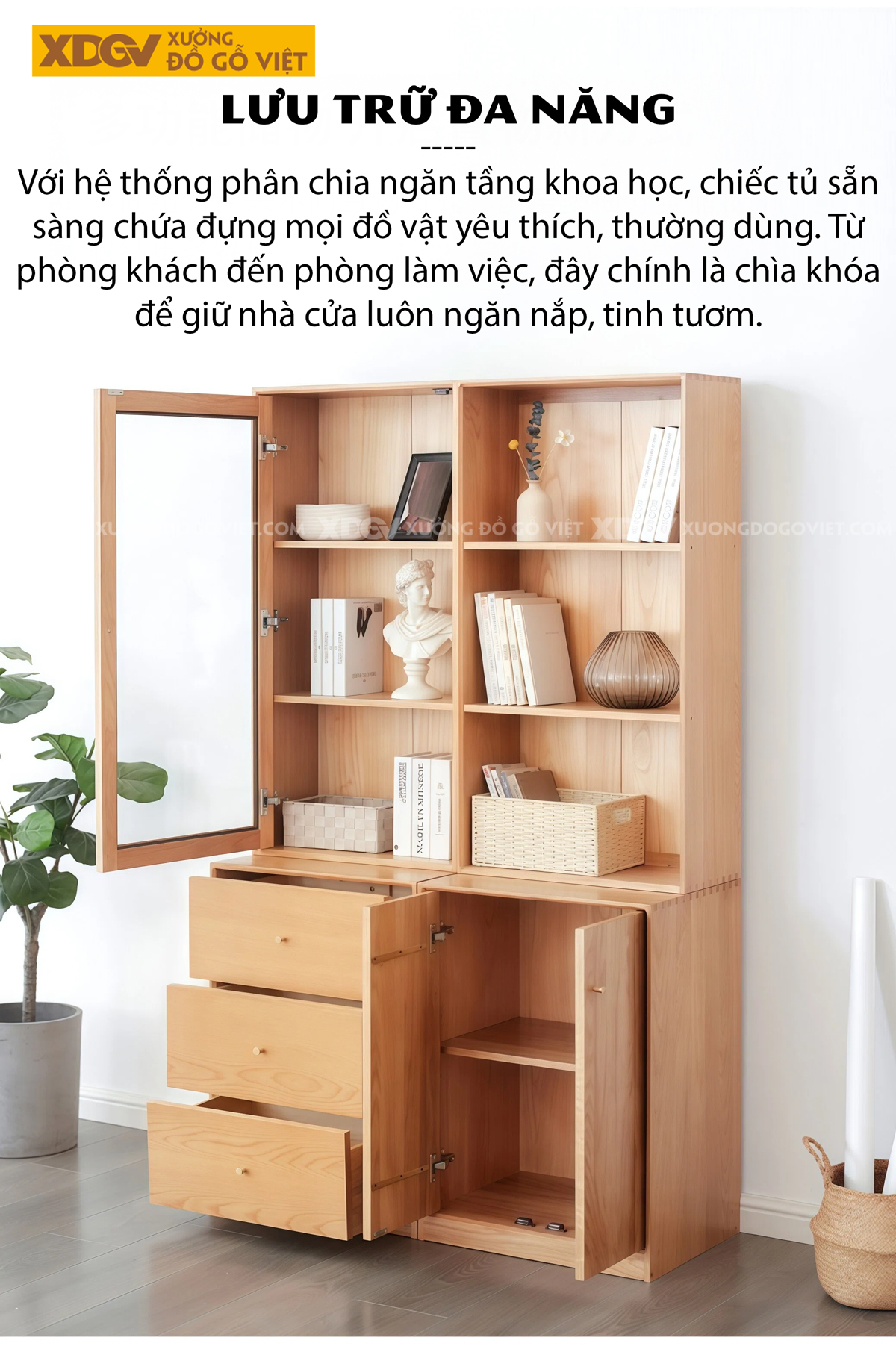 Tủ Sách Gỗ Veneer Sồi Thiết Kế Mở Phân Tầng Bố Cục Độc Đáo