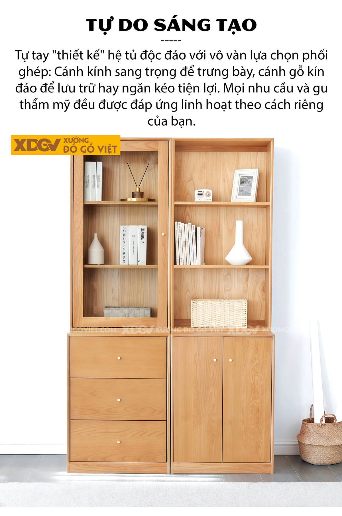 Tủ Sách Gỗ Veneer Sồi Thiết Kế Mở Phân Tầng Bố Cục Độc Đáo