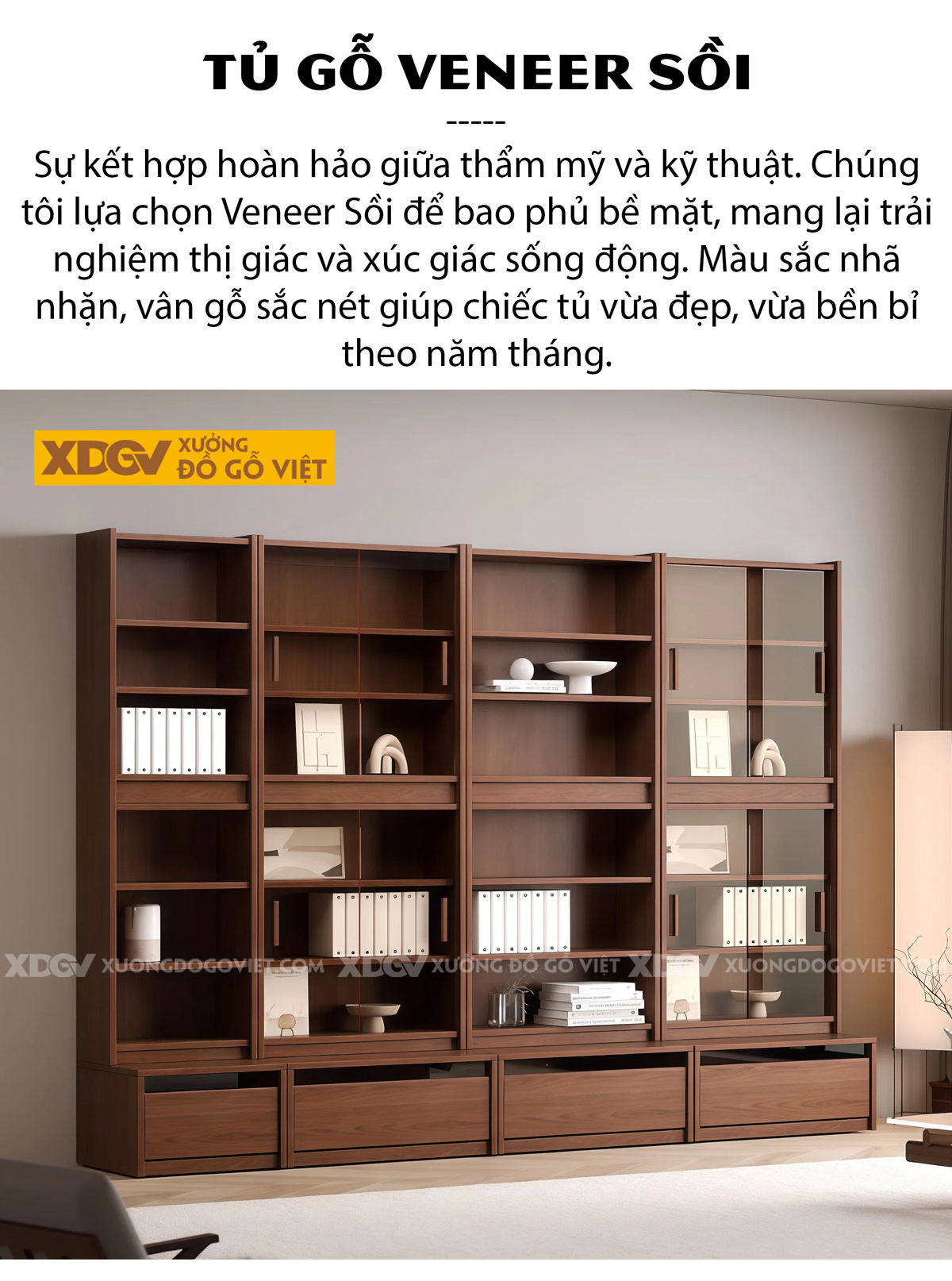 Tủ Sách Gỗ Veneer Sồi Thiết Kế Mở Phân Tầng Bố Cục Độc Đáo