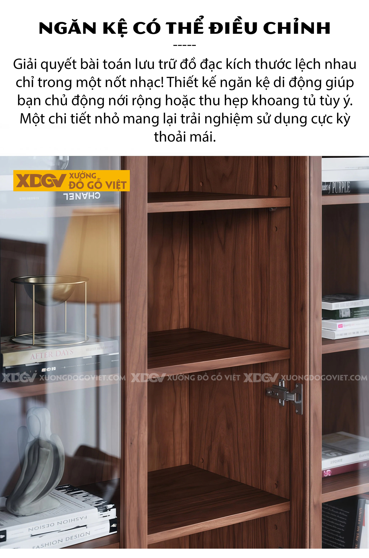 Tủ Sách Hiện Đại Gỗ Óc Chó Cánh Kính Tay Nắm Âm Thông Minh