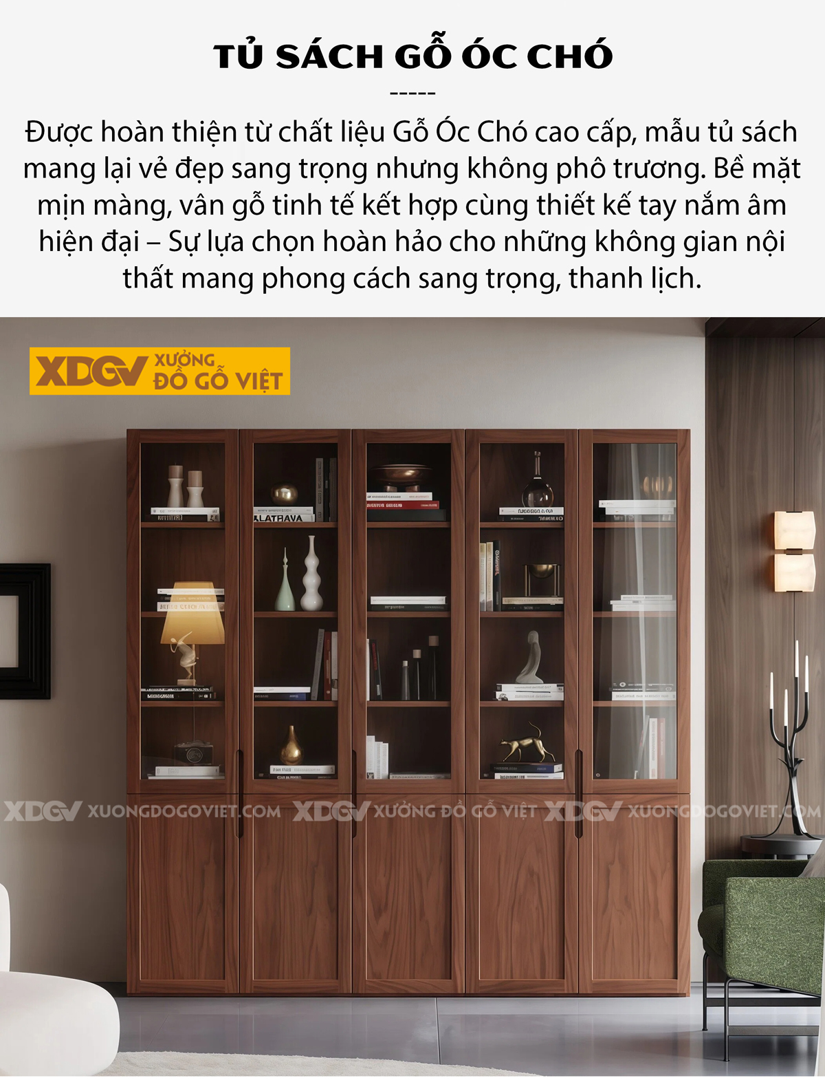 Tủ Sách Hiện Đại Gỗ Óc Chó Cánh Kính Tay Nắm Âm Thông Minh