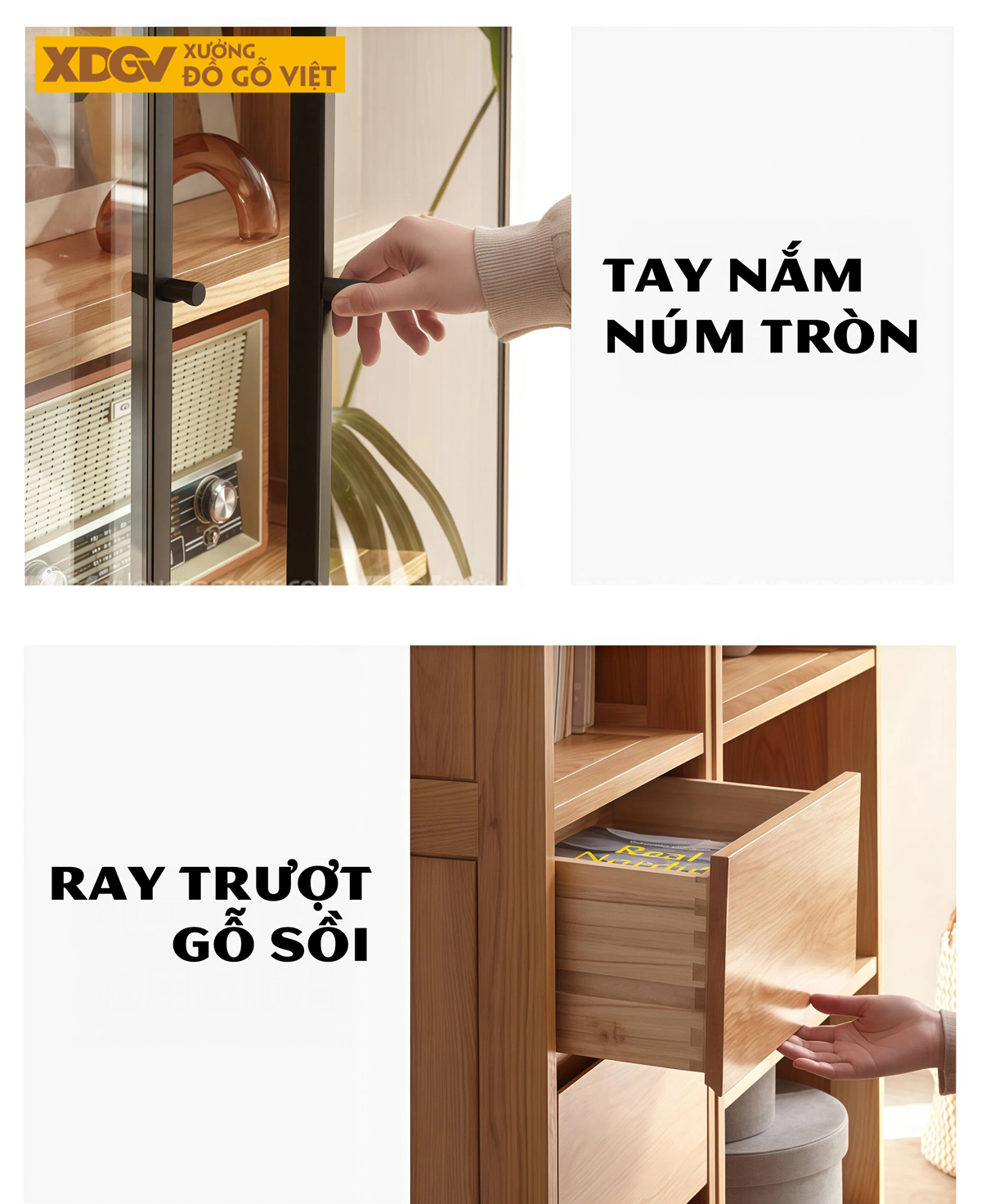 Tủ Sách Tân Cổ Điển Gỗ Sồi Chân Bệt Kết Hợp Cánh Kính Sọc Mờ