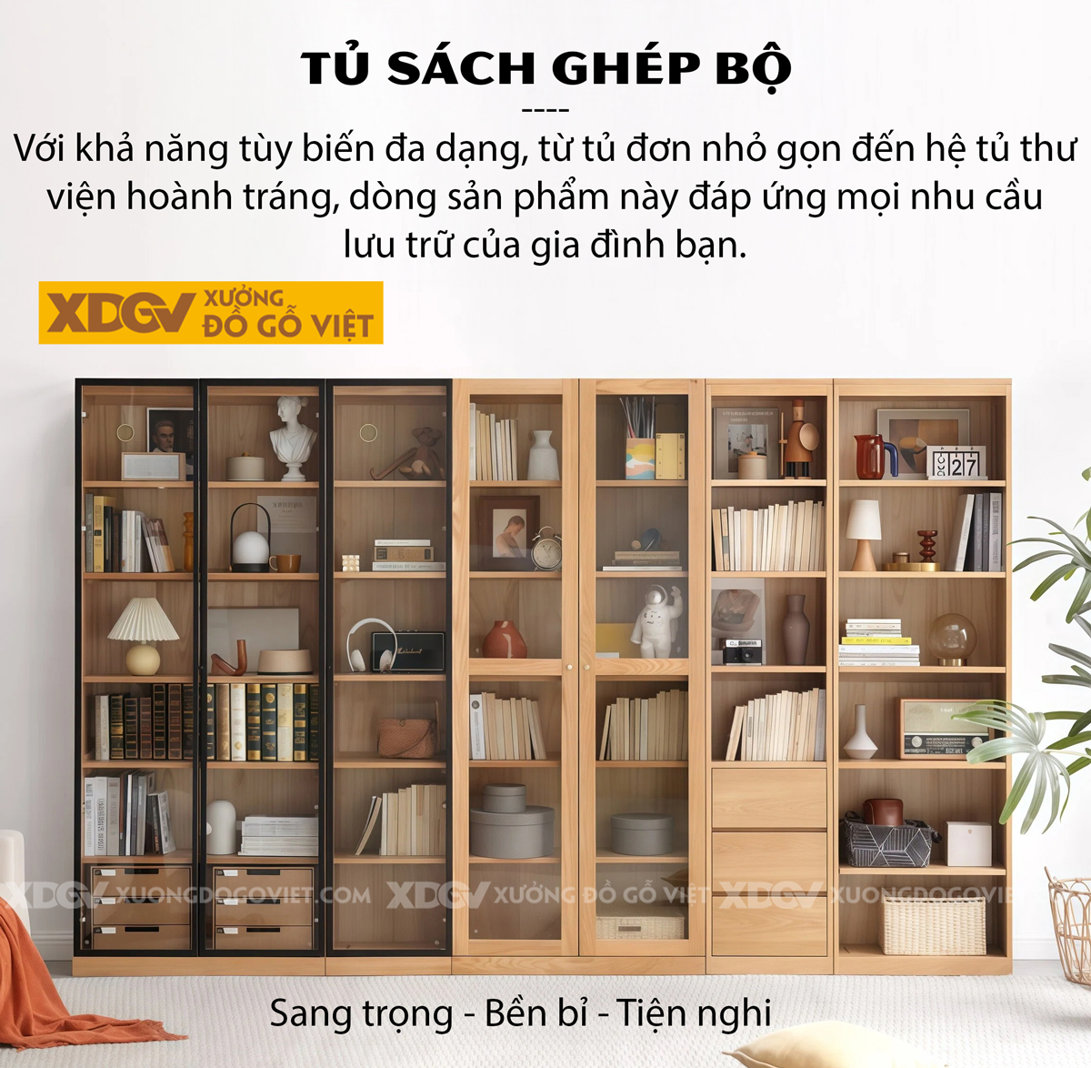 Tủ Sách Tân Cổ Điển Gỗ Sồi Chân Bệt Kết Hợp Cánh Kính Sọc Mờ