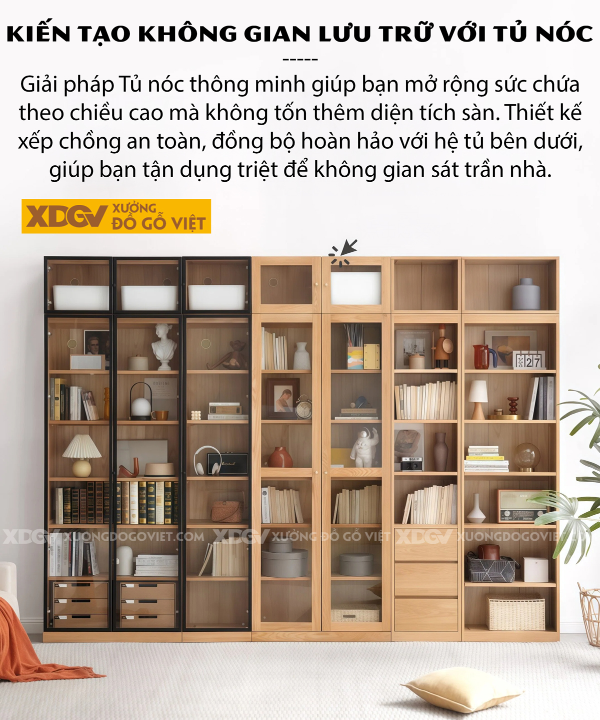 Tủ Sách Tân Cổ Điển Gỗ Sồi Chân Bệt Kết Hợp Cánh Kính Sọc Mờ