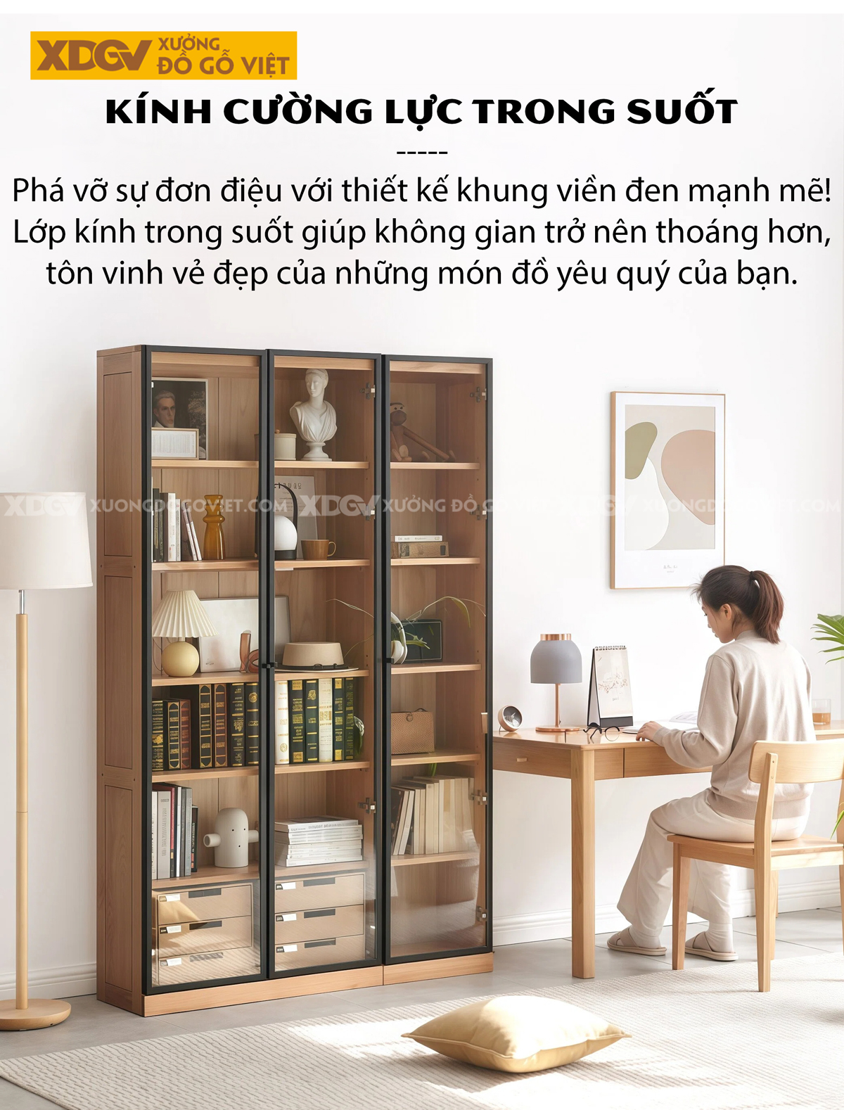 Tủ Sách Tân Cổ Điển Gỗ Sồi Chân Bệt Kết Hợp Cánh Kính Sọc Mờ