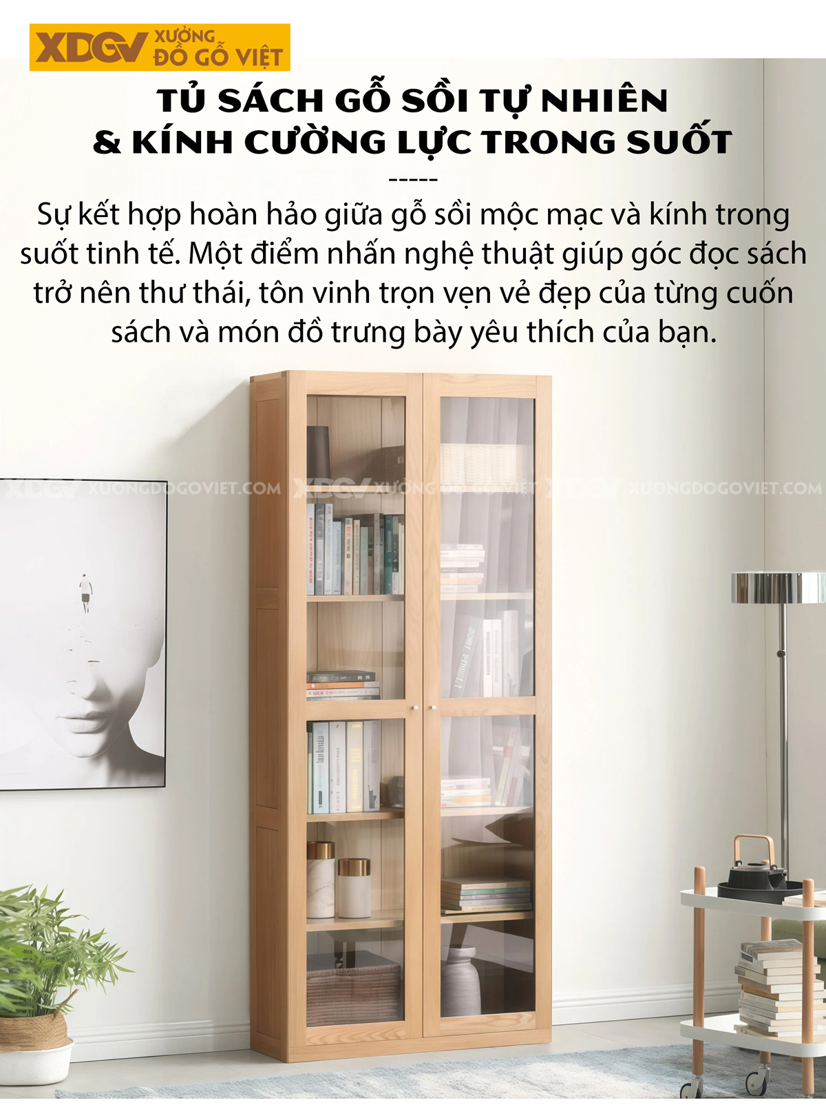 Tủ Sách Tân Cổ Điển Gỗ Sồi Chân Bệt Kết Hợp Cánh Kính Sọc Mờ