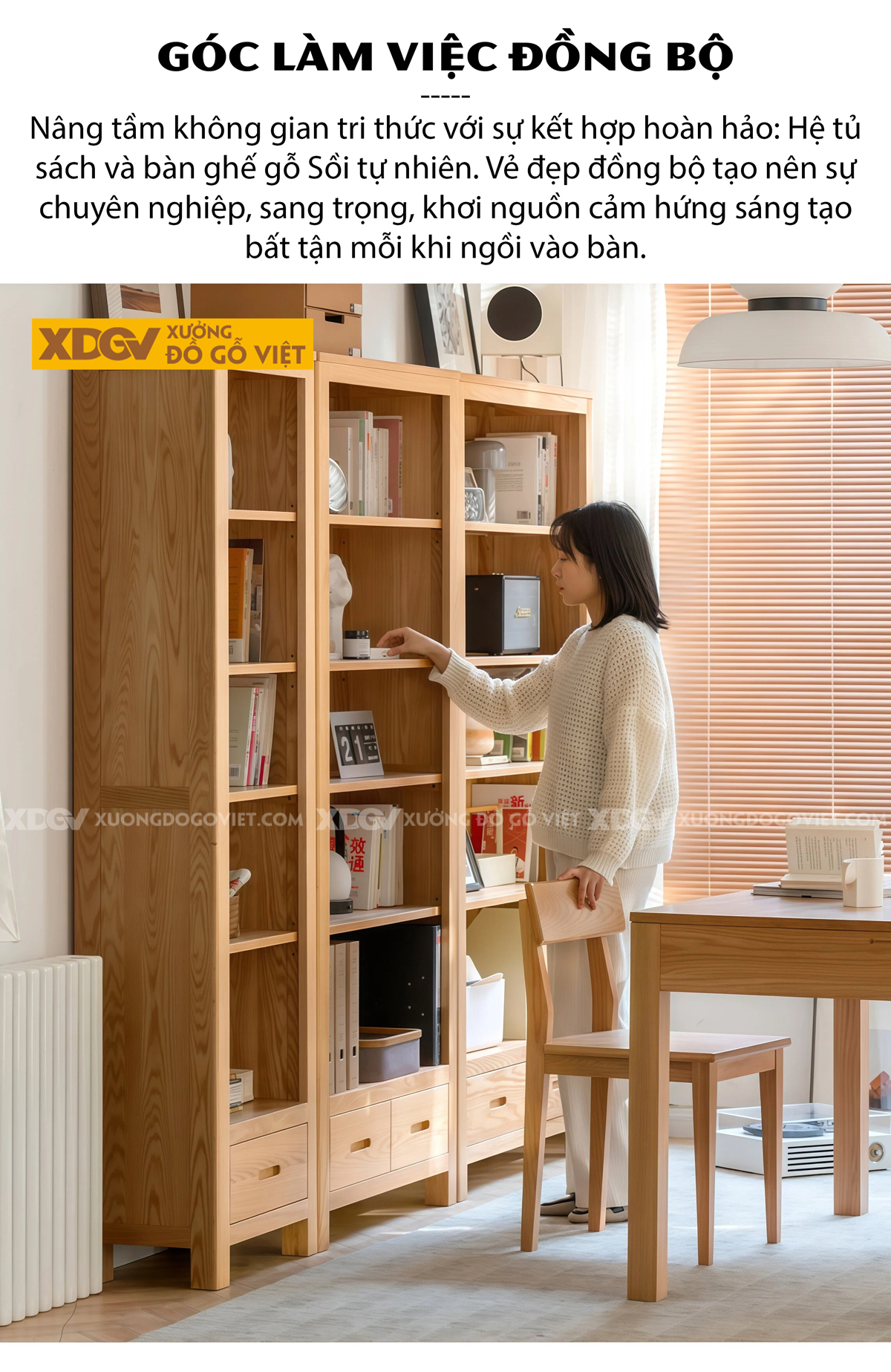 Tủ Sách Tối Giản Gỗ Sồi Cấu Trúc Kệ Mở Đường Nét Tinh Giản