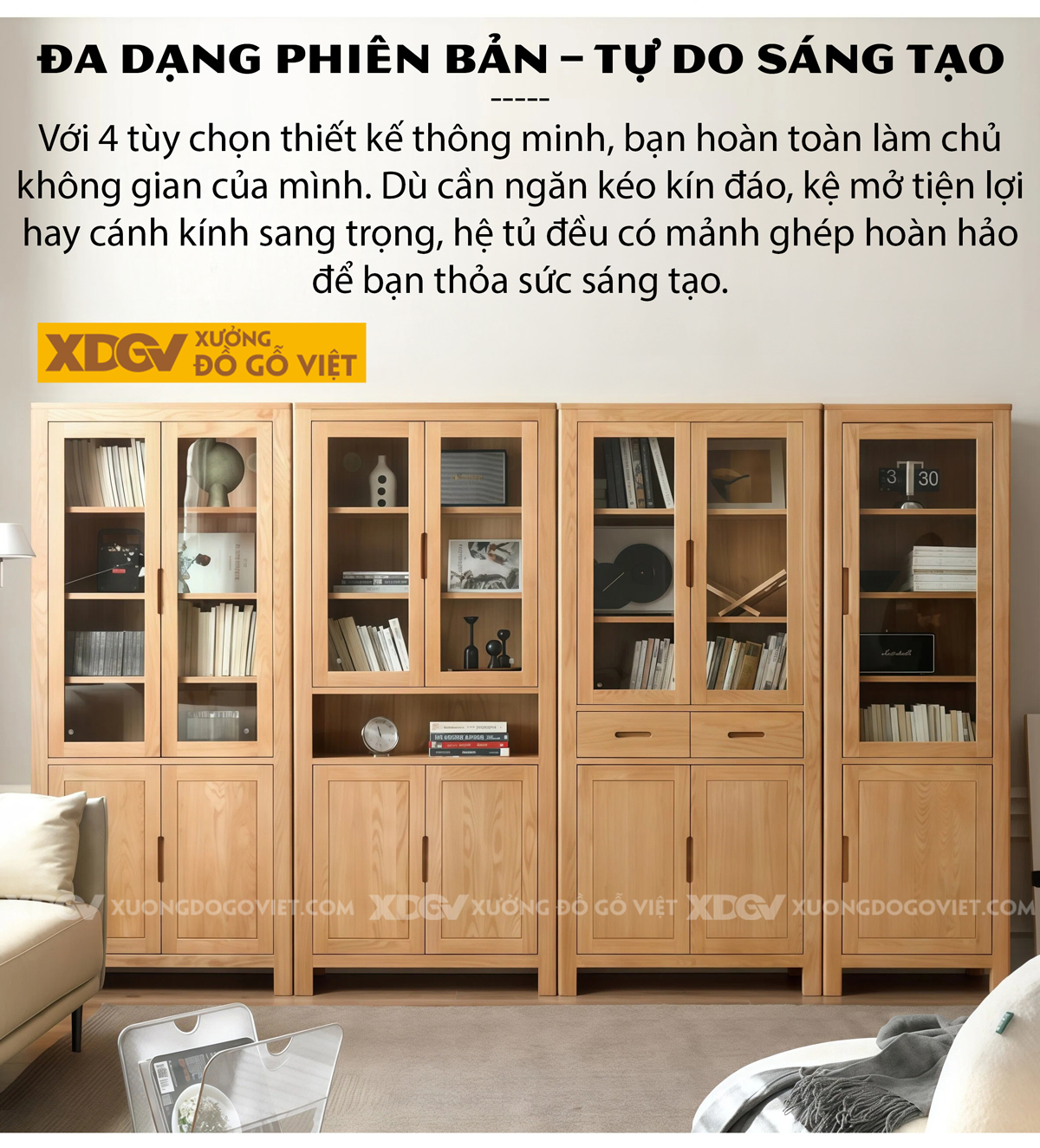 Tủ Sách Tối Giản Gỗ Sồi Cấu Trúc Kệ Mở Đường Nét Tinh Giản