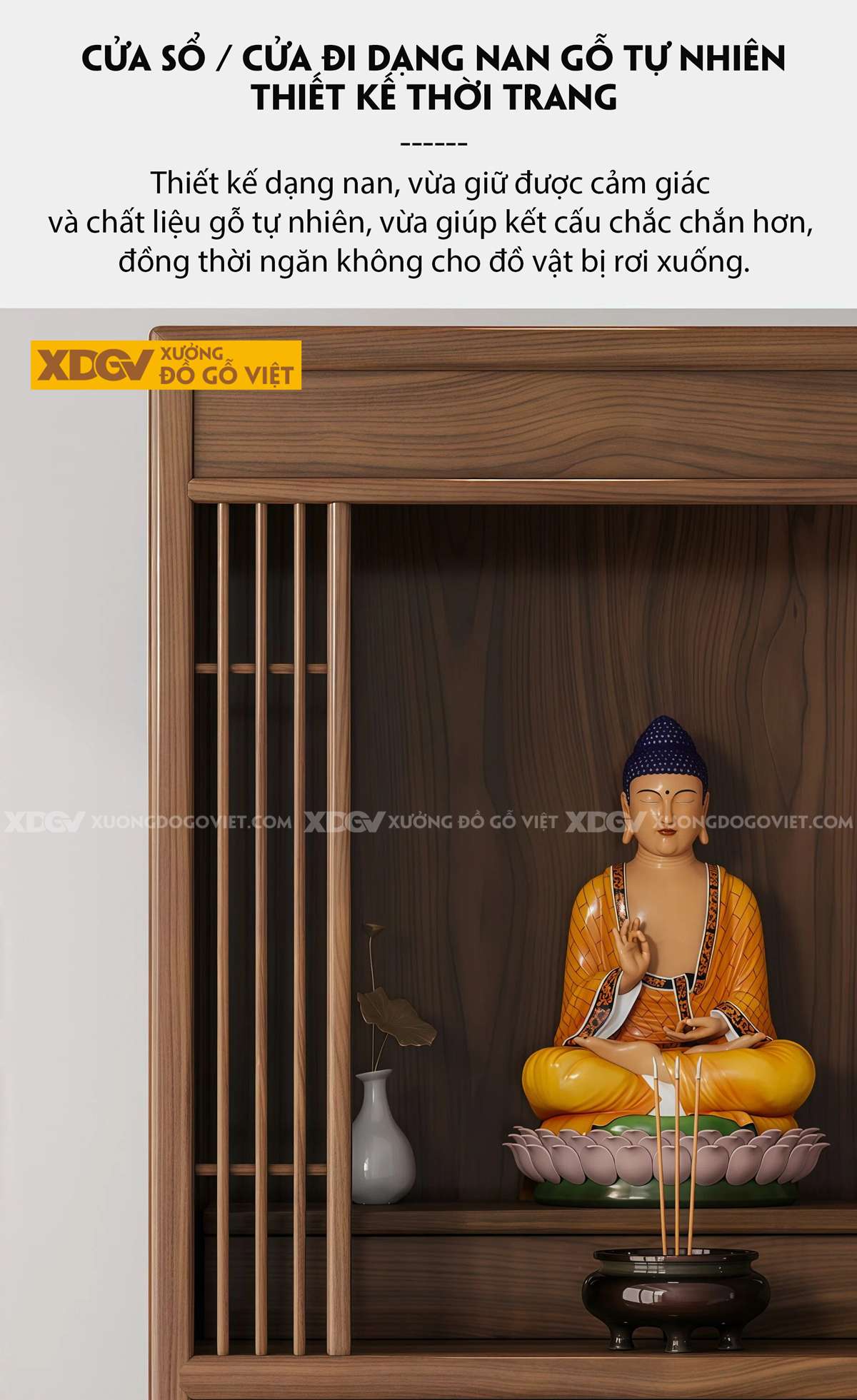 Tủ Thờ Gỗ Óc Chó Dáng Cao Thon Phối Tủ Cánh Nan Khay Kéo