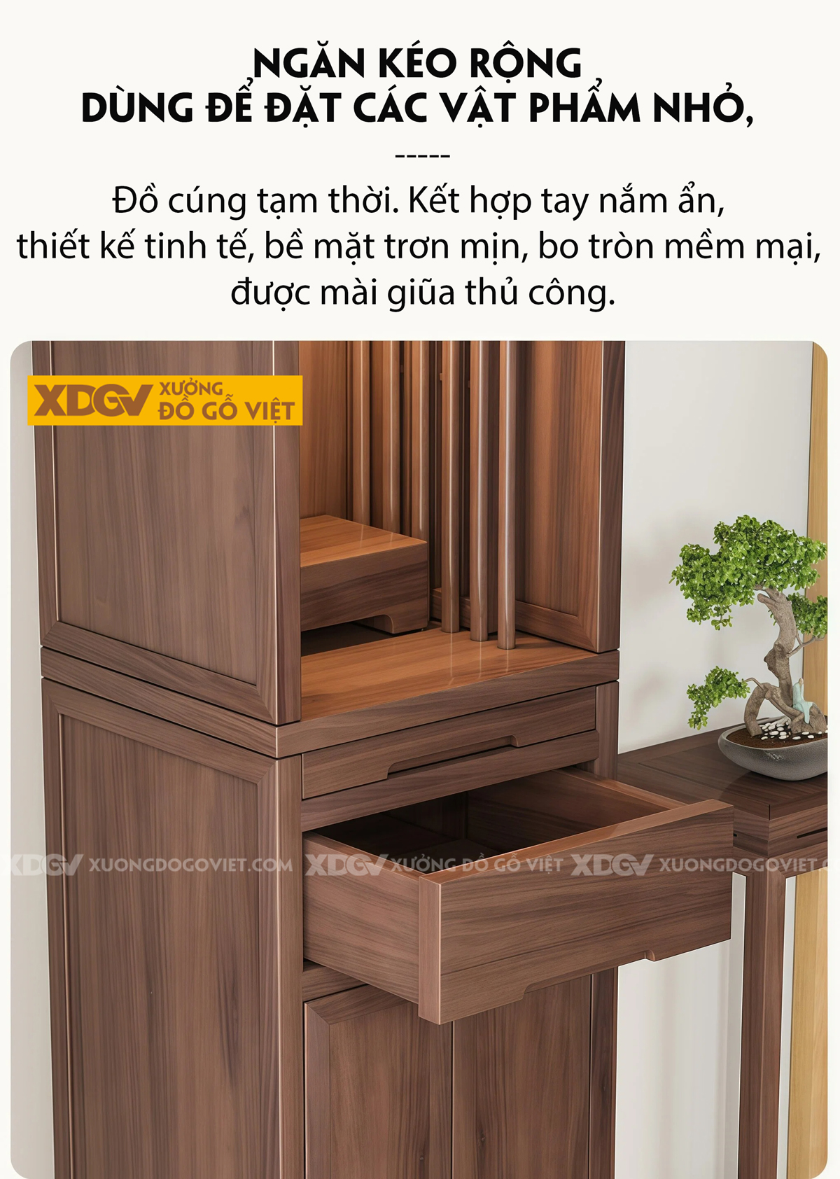 Tủ Thờ Gỗ Óc Chó Dáng Cao Thon Phối Tủ Cánh Nan Khay Kéo