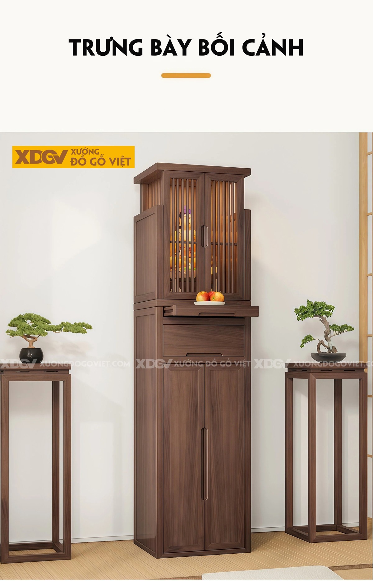 Tủ Thờ Gỗ Óc Chó Dáng Cao Thon Phối Tủ Cánh Nan Khay Kéo