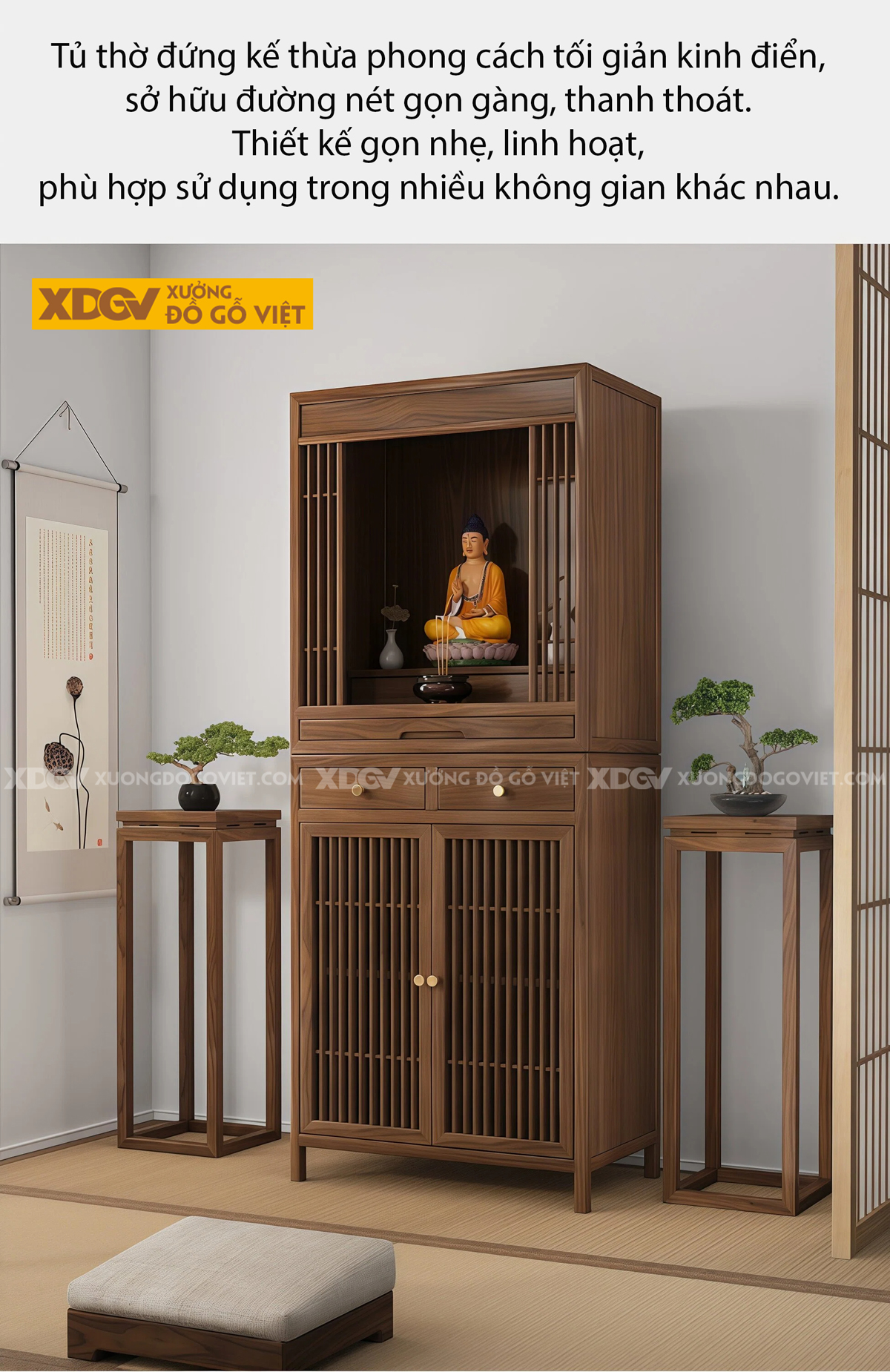 Tủ Thờ Gỗ Óc Chó Dáng Cao Thon Phối Tủ Cánh Nan Khay Kéo